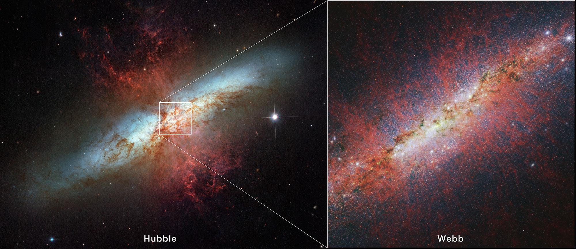 توجد صورةٌ للمجرّة غير الاعتياديّة م82 يساراً، بينما يتوسّع المركز ويُعرَض في صورة تلسكوب جيمس وِبّ الفضائيّ يميناً. تنبثق العديد من الخيوط المُتوهِّجة بالأحمر للخارج من مُستوي المجرّة الحلزونيّة.