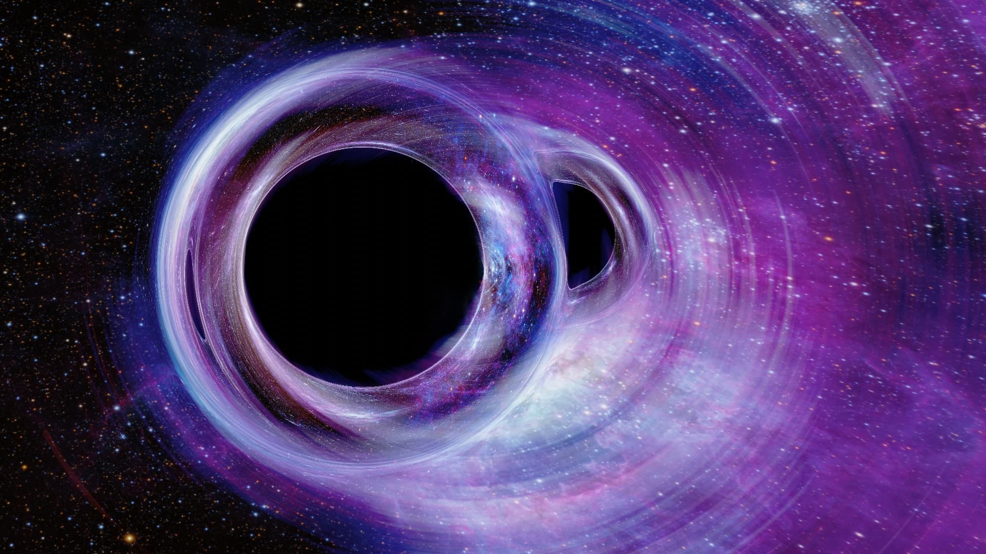 رسم توضيحيّ يُظهر ثقباً أسودَ ثنائيّاً قريباً من الاندماج أمام سديم الرتيلاء.