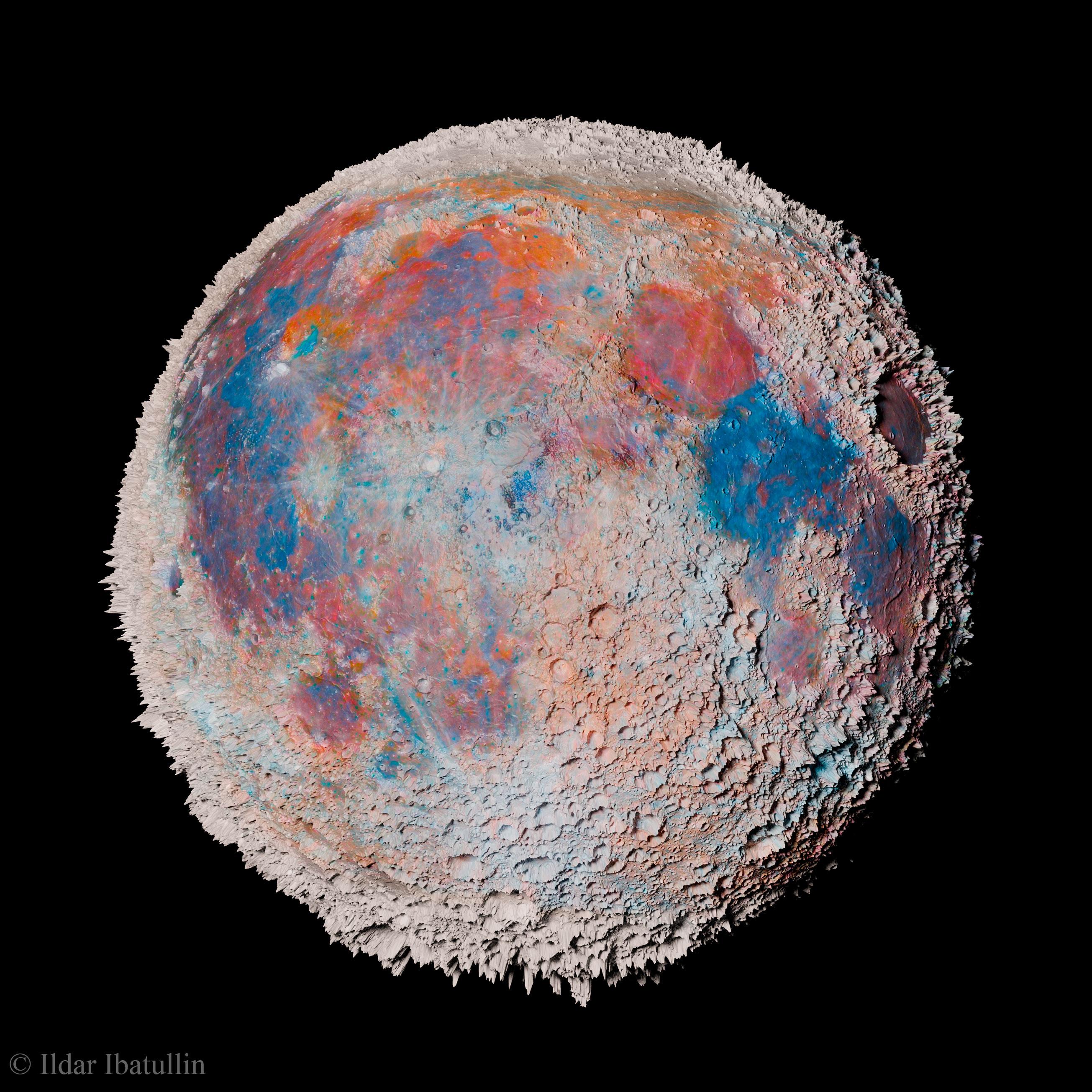 قمر الأرض مع مبالغة كبيرة بارتفاعات معالم السطح. الألوان مُبالَغٌ بها أيضاً حيث تغدو مناطق الأزرق والأحمر أسهل رؤية.