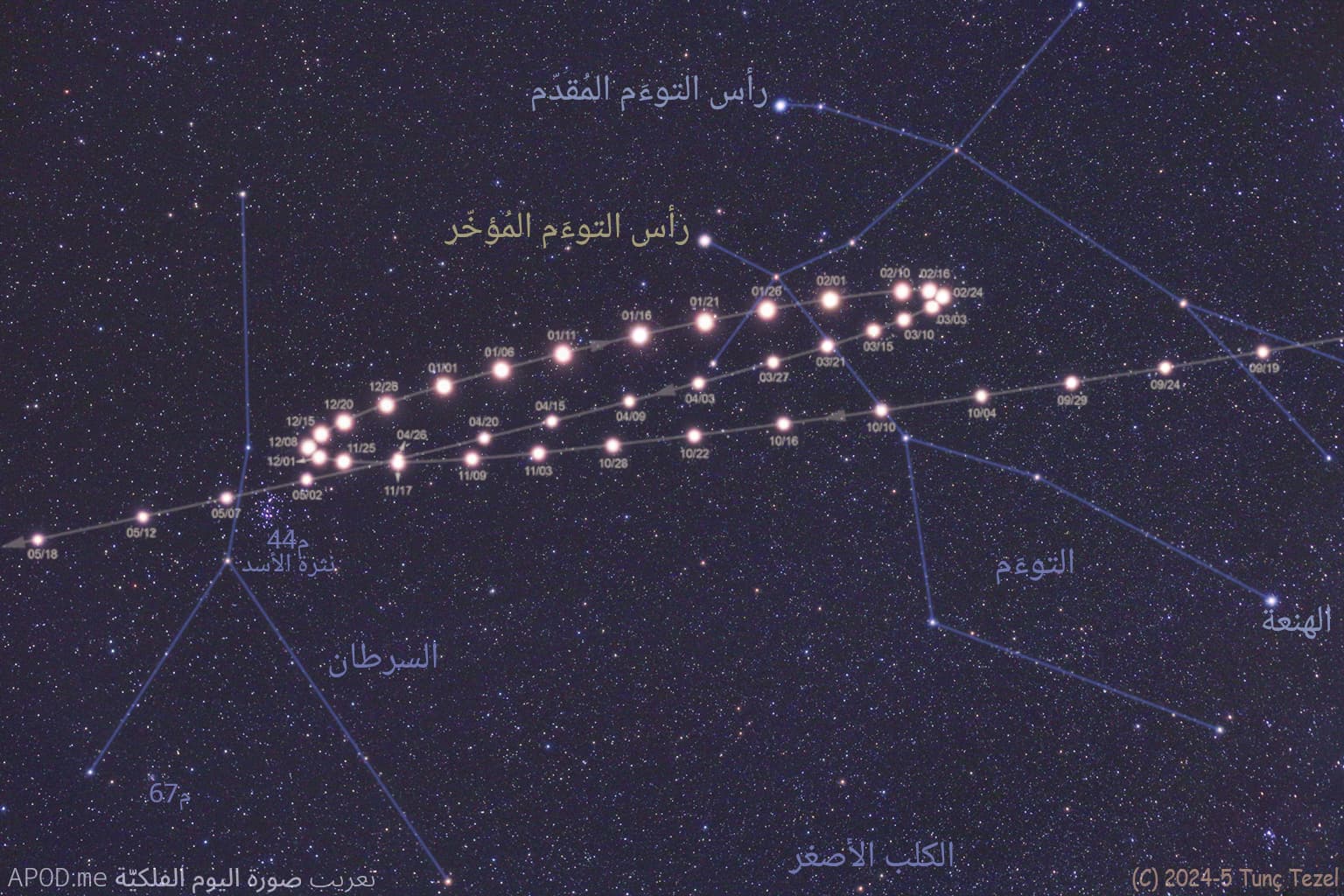 نسخة معنونة وُضَحت فيها كوكبتا التوءَم والسرطان ورأسا التوءَم المقدّم والمؤخّر ونثرة الأسد وغيرها