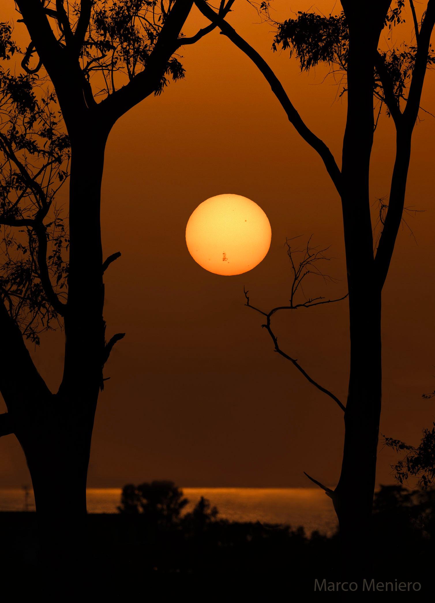 تُرى شمسٌ بعيدة فوق الماء وبين أشجار المُقدِّمة. توجد على الجزء السُفليّ من الشمس المنطقة النَّشِطة الضَّخمة AR 3664 مرئيَّة بواسطة بقعها الشمسيّة الداكِنة.
