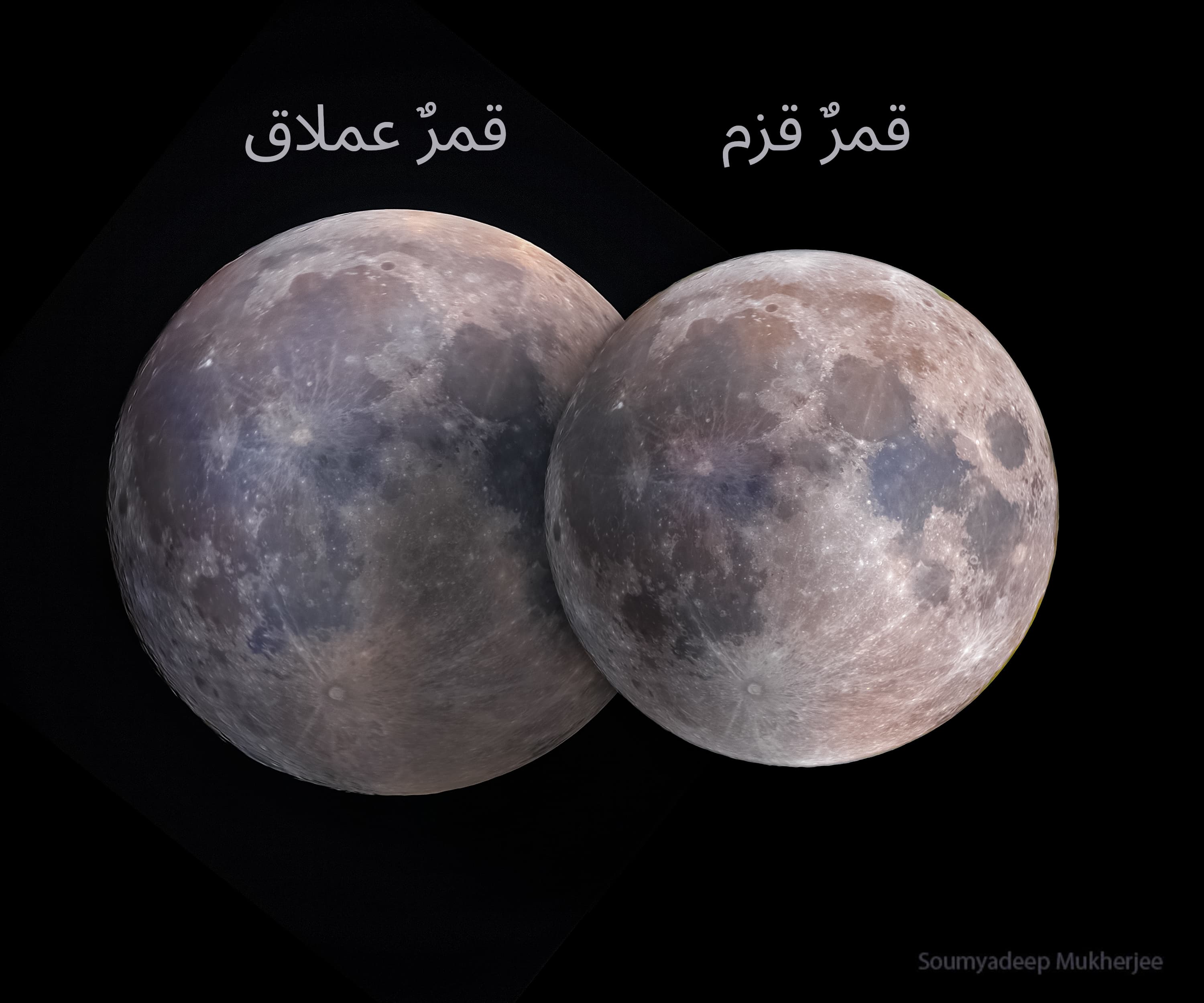 صورتان لقمر الأرض، كلتاهما في طور البدر. صورة القمر اليسرى، المسمّاة قمر عملاق، أكبر قليلاً من صورة القمر اليمنى، المُسمّاة قمر قزم.