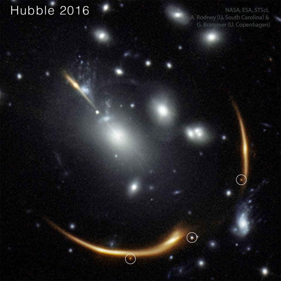 صورة لنفس المنطقة من تلسكوب هَبل عام 2016 حيث تظهر علامات مُختلفة لانفجارات مستعر أعظم