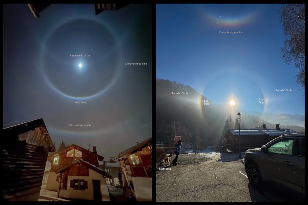 إطاران متجاوران يُظهران هالتين وظواهر جويّة مُشابهة حول الشمس والقمر