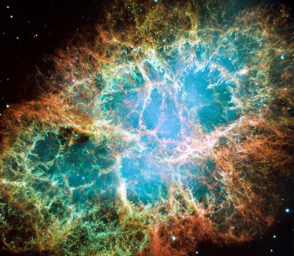 سديم السرطان، م1، كما صُوِّر بواسطة تلسكوب هَبل الفضائيّ في الضوء المرئيّ.