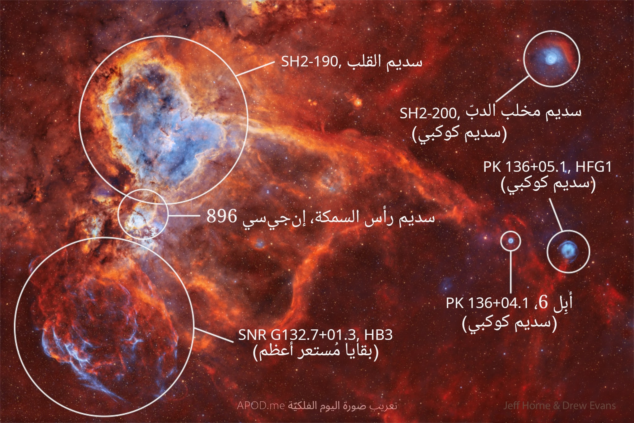 نسخة توضيحيّة عنونت فيها عدّة سدم بينها "مخلب الدبّ"، "رأس السمكة"، و"القلب"