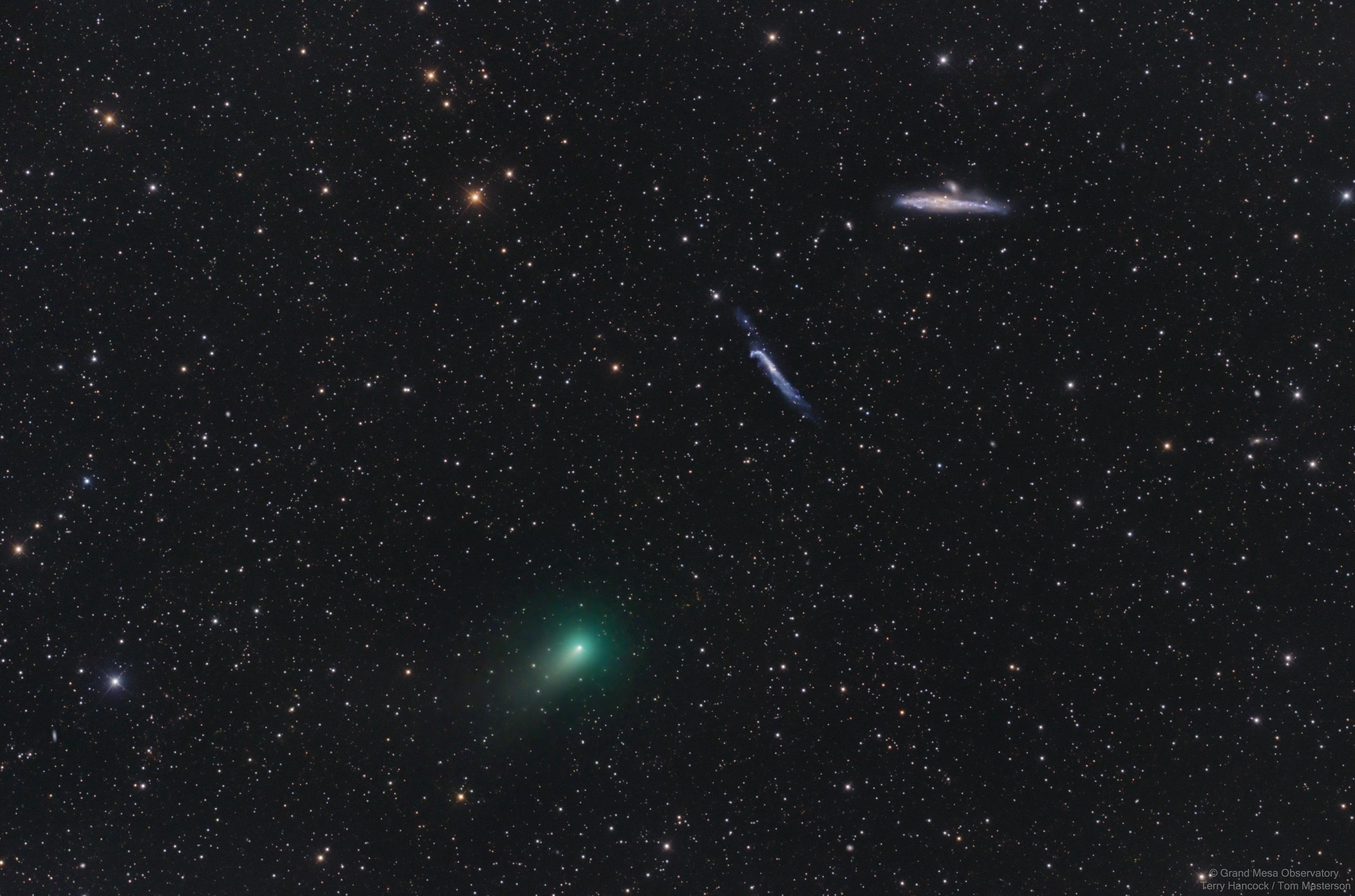 صورة للفضاء العميق تظهر فيها ثلاثة أجرام أوّلهم أعلى اليمين مجرّة تظهر بشكل حوت تقريباً، أمّا بالقرب من المنتصف مجرّة أخرى تظهر بشكل عصا معقوفة، وفي أسفل اليسار مُذنّب مخضرّ اللون قصير الذيل.
