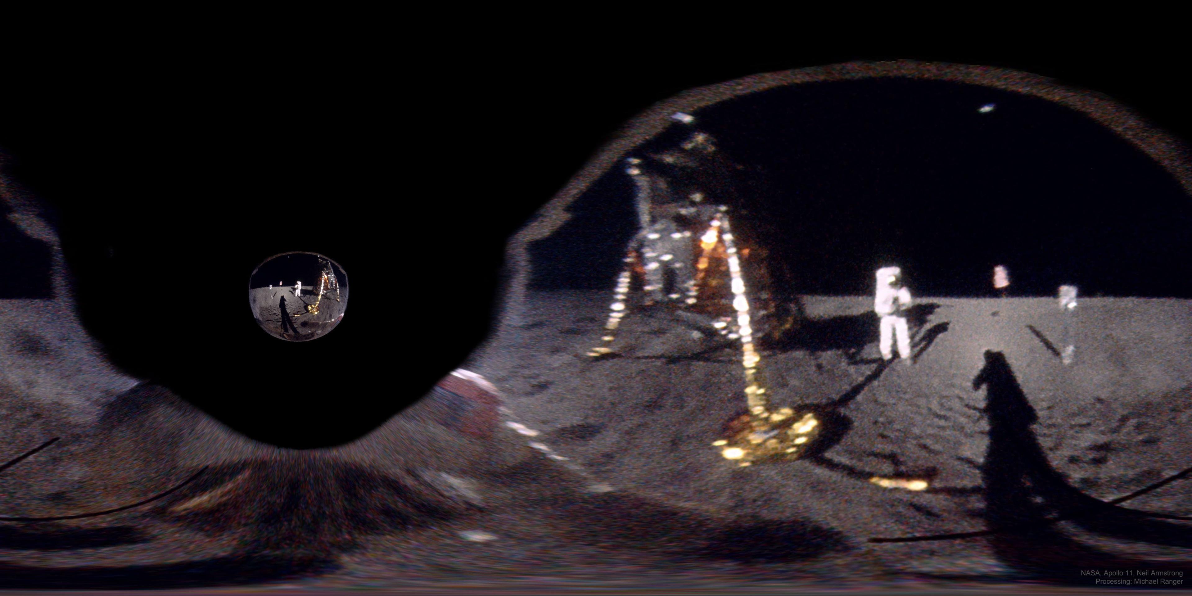 نيل أرمسترونگ على القمر في 1969 يلتقط صورة لـ ألدرِن، حيث صنعت الصورة من انعكاس أرمسترونگ على مقدّمة خوذة ألدرن.