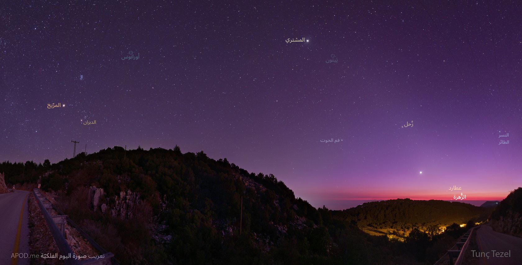 صورة عريضة الزاوية تظهر قرية تركيّة في المقدّمة وسماء تحتوي كواكب من مجموعتنا الشمسيّة في الخلفيّة