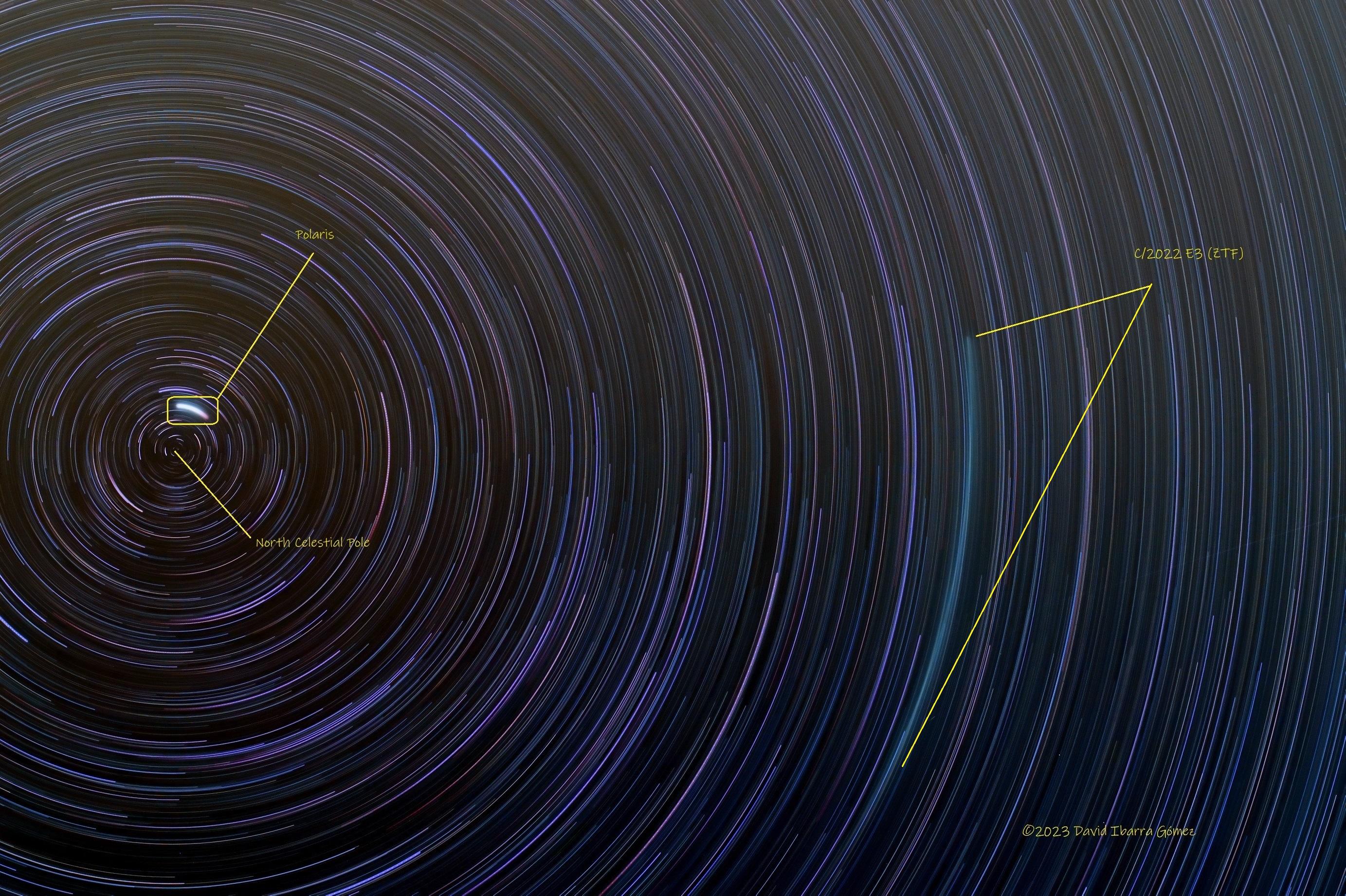 مسارات نجميّة متّحدة المركز عند القطب السماوي الشمالي قرب نجم الجدي پولاريس مع ظهور خطّ هو مسار المذنّب وعنونة الثلاثة بالإنكليزيّة