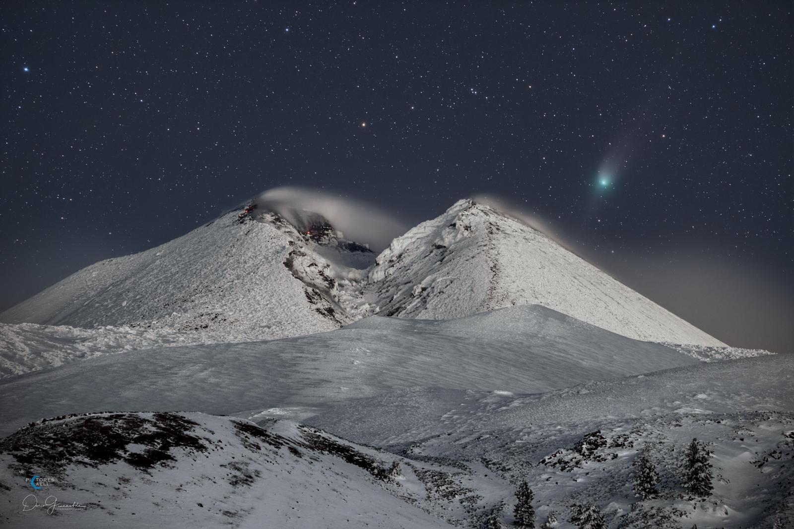 مُقدِّمة مكسوة بالثلوج يشهق فيها جبل بركانيّ بقمّتين مُغطَّى بالثلوج أيضاً أمام خلفيّة مُرصَّعة بالنجوم يظهر فيها مُذنَّب ZTF ذو الذؤابة المُخضرَّة