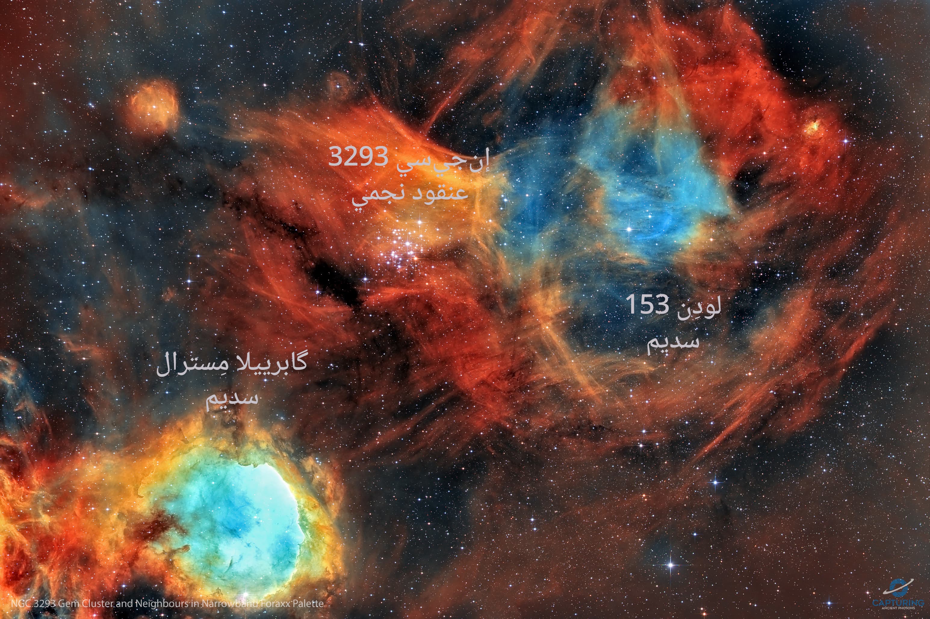 نسخة توضيحيّة عنون فيها سديما گابرييلا مِسترال وَ لودِن 153، والعنقود النجمي إنجيسي 3293