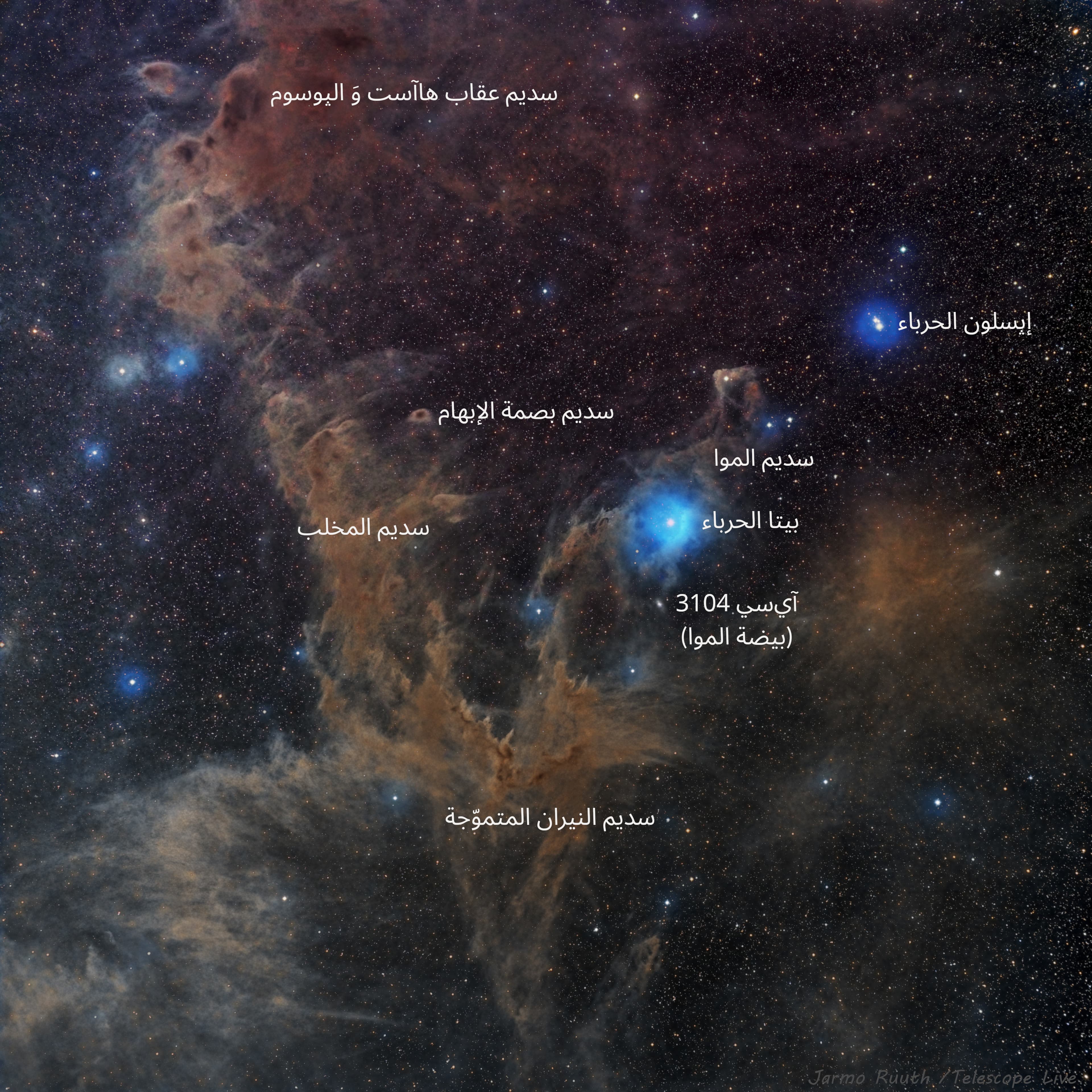 نسخة معنونة من الصورة وضّحت فيها أماكن سدم كل من عقاب هاآست وَ الپوسوم، وبصمة الإبهام، والموا، والمخلب، النيران المتموّجة إضافة إى نجمي بيتا و إپسلون الحرباء، إضافة إلى مجرّة آيسي 3104 (بيضة الموا)