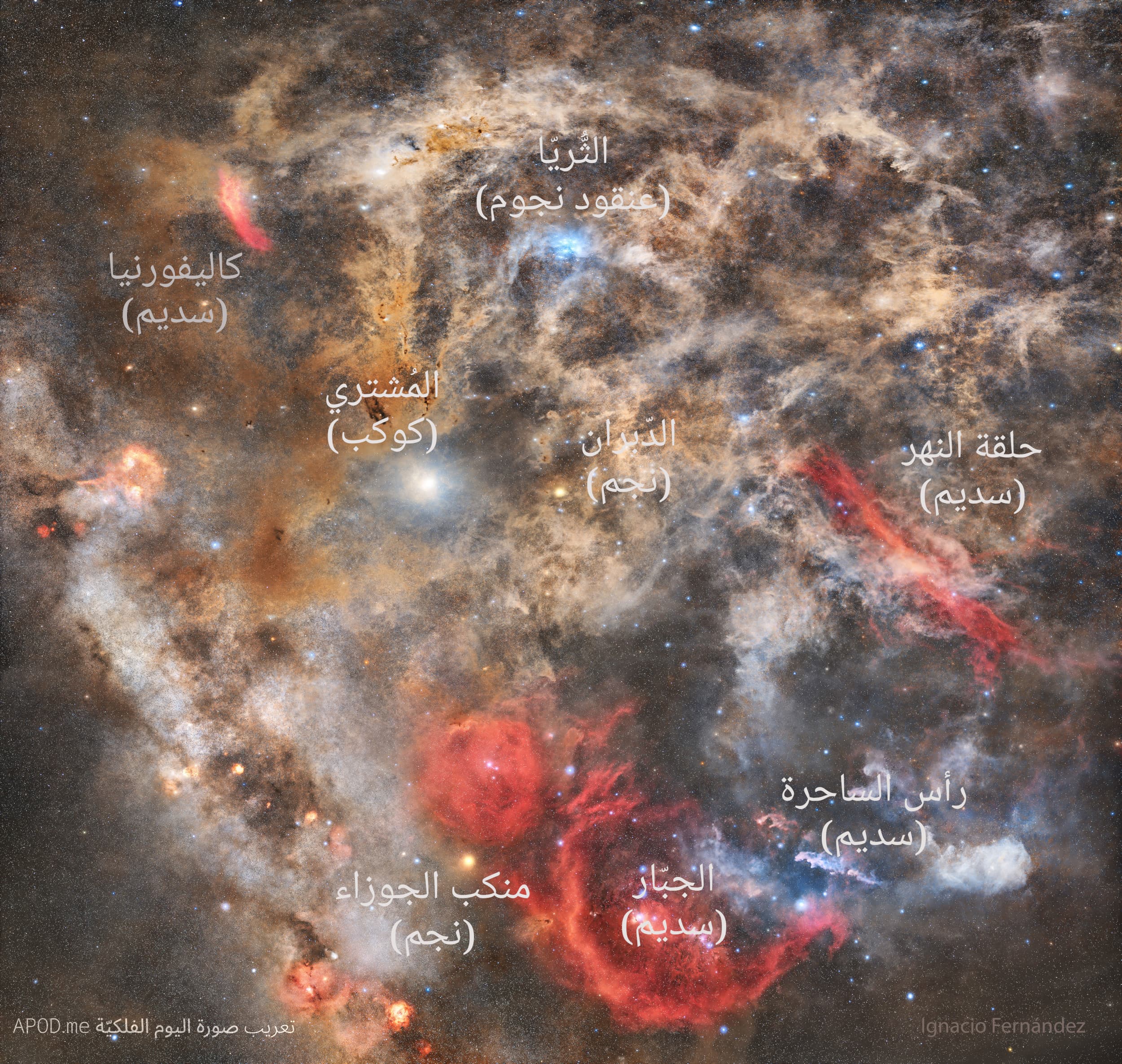 صورة توضيحيّة عنونت فيها سدم الجبّار ورأس الساحرة وحلقة النهر وكاليفورنيا بالإضافة إلى نجمَي الدَبران ومنكب الجوزاء وعنقود نجوم الثريّا وكوكب المُشتري