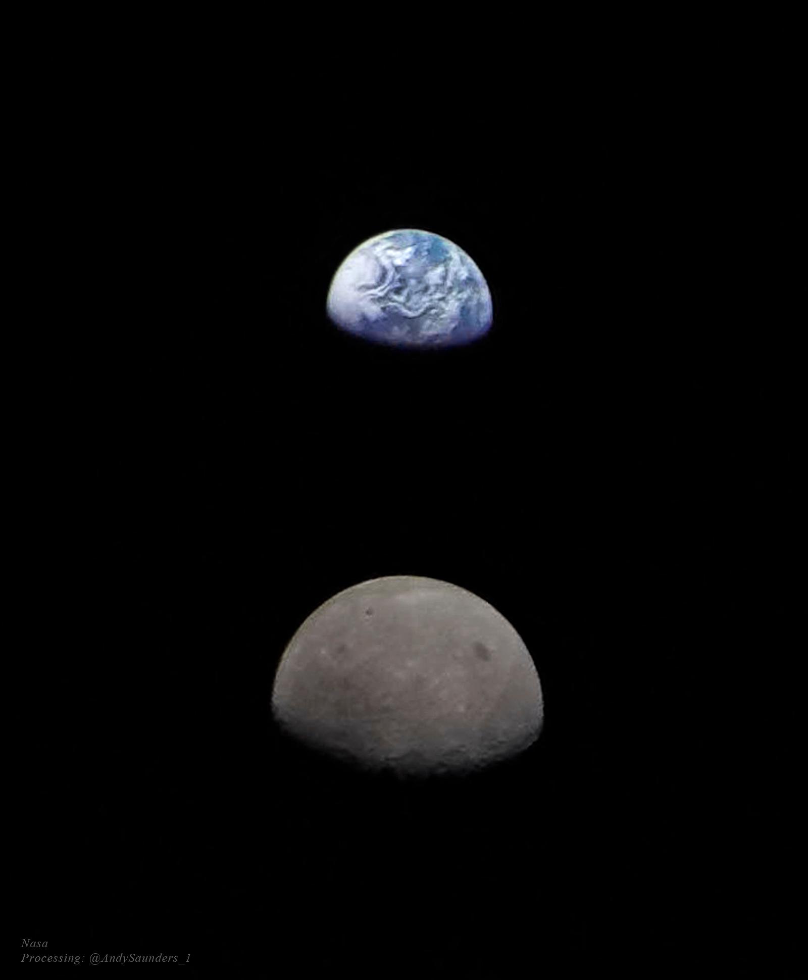 القمر والأرض مصوّران قبالة خلفيّة سوداء. يبدو القمر بُنّيّاً وأكبر قليلاً نظراً لدنوّه الأقرب إلى كاميرا أرتيمِس 1. تُرى الأرض كَكُرة زرقاء غائمة فوق القمر.