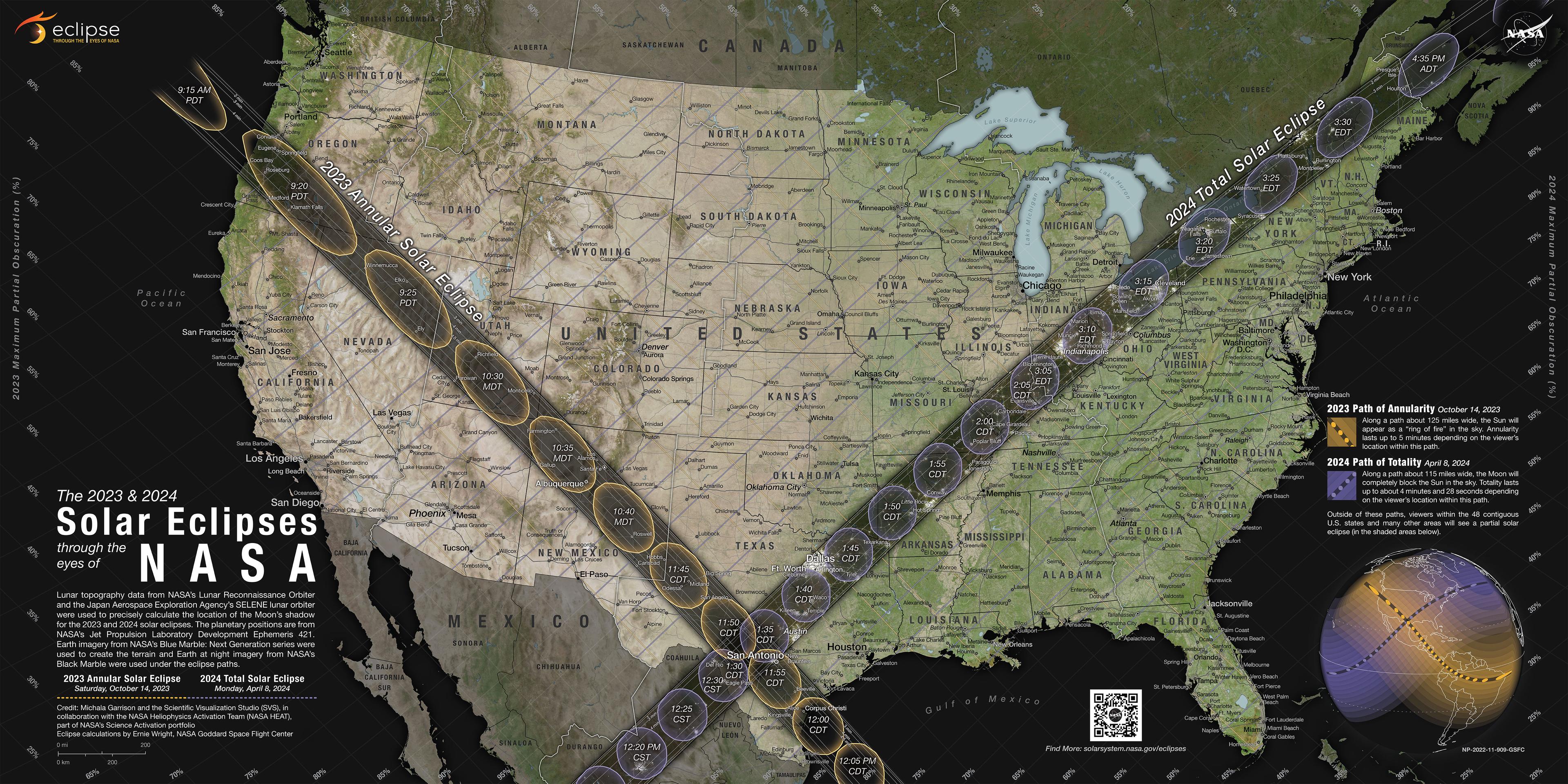 تظهر خريطة للولايات المتحدة مع مسار الظُّلمة الأعظم لكسوفين شمسيين معروضَين بألوان داكنة.
