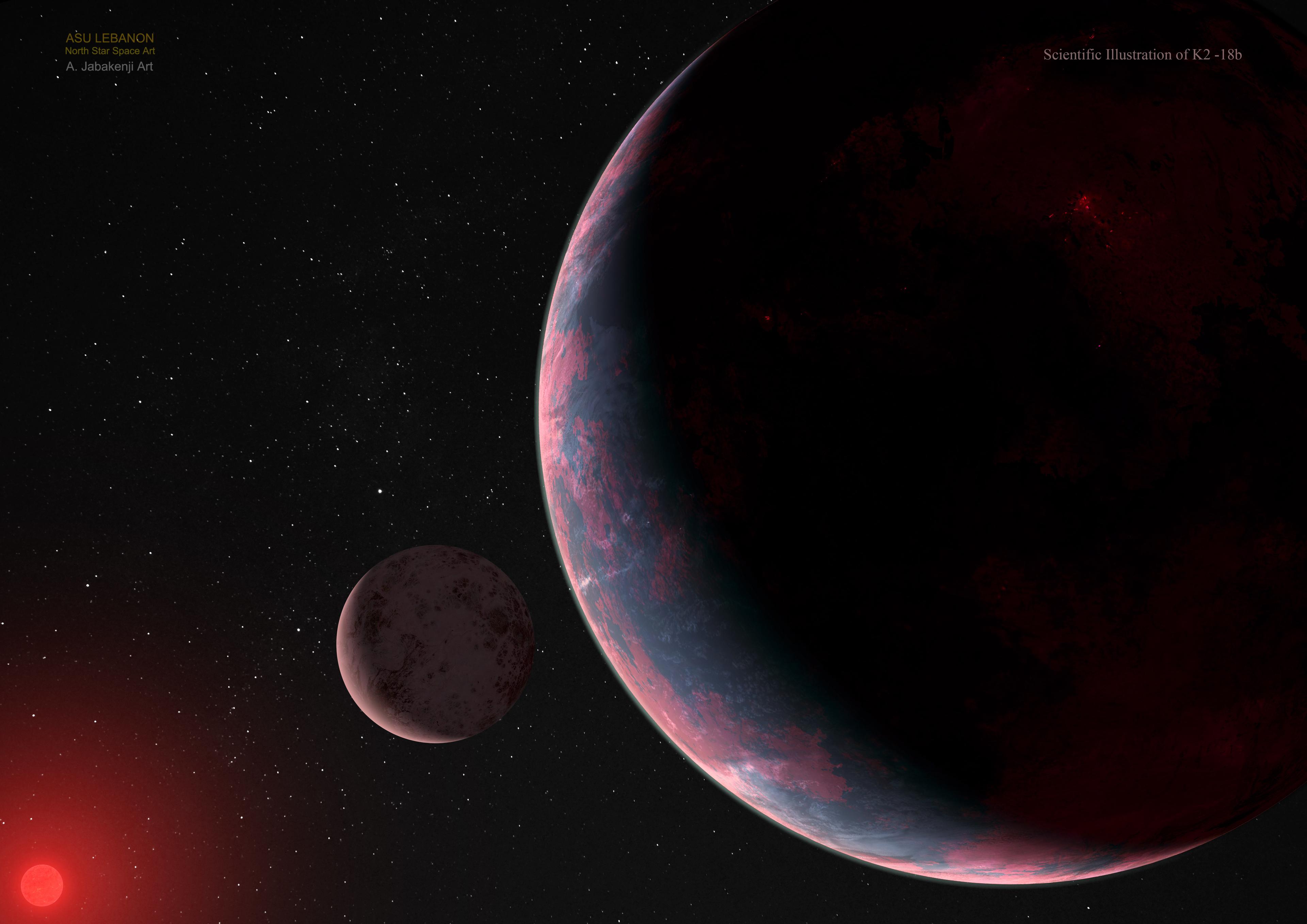 رسمٌ توضيحيّ لفنّان يصوّر كوكباً أحمر غائم يدور حول نجمٍ أحمر بعيد. قرب الكوكب الخارجيّ يوجد قمر.