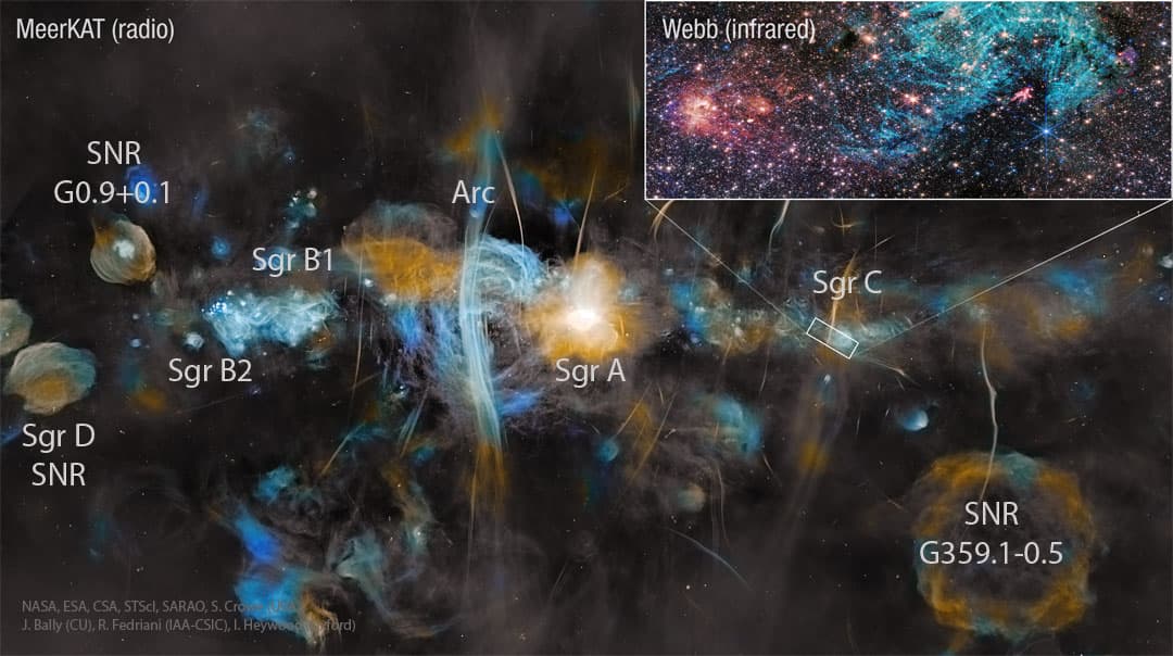 الصورة وقد عُنون فيها عدد من الأجسام الموجودة تجاه كوكبة الرامي بما في ذلك بعض الأجسام من نوع بقايا المستعر الأعظم إضافة إلى القوس الذي على يسار المنتصف