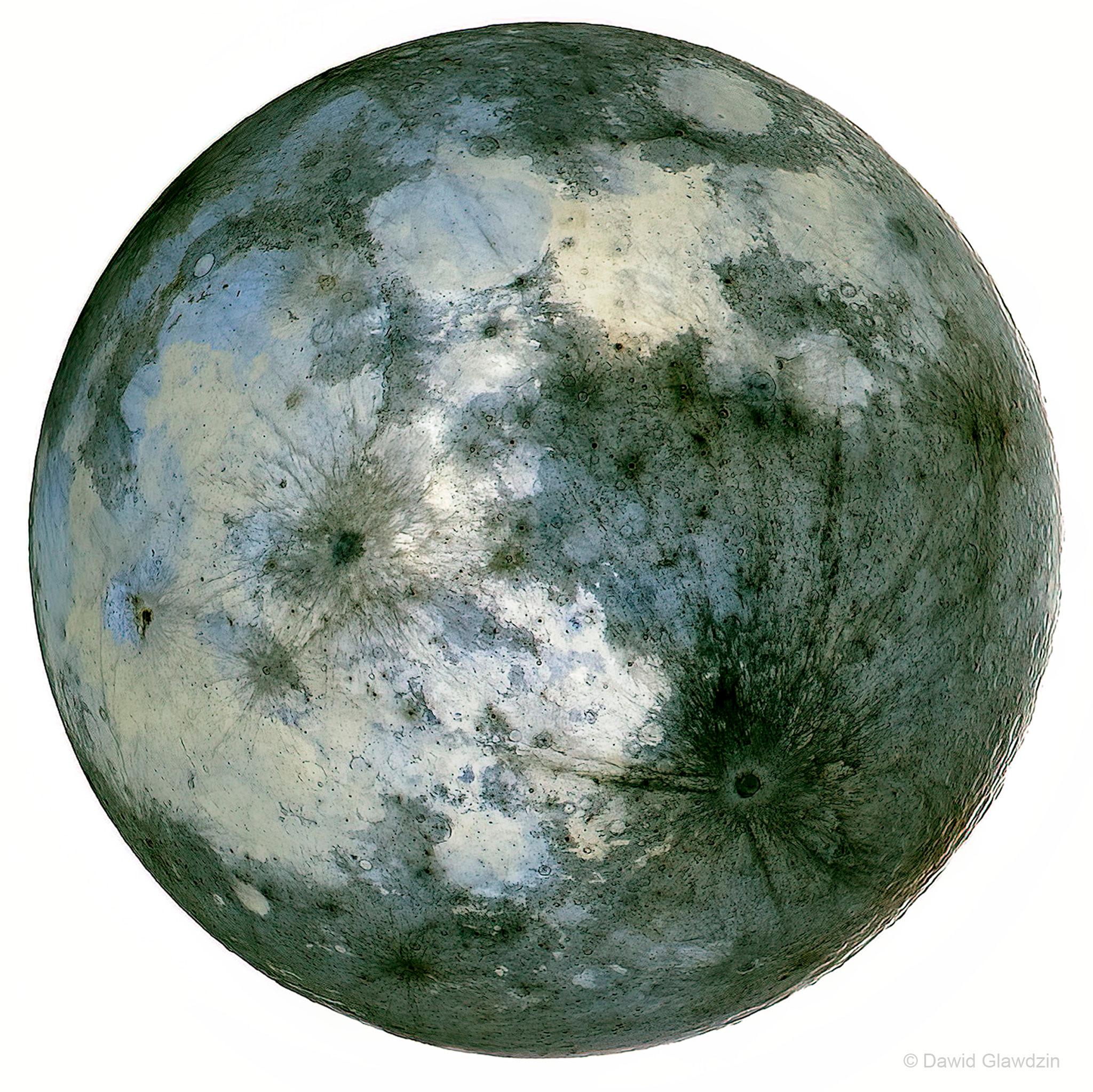 صورة للقمر بألوان معكوسة يظهر ككرة فضّيّة بعض أجزائها أملس