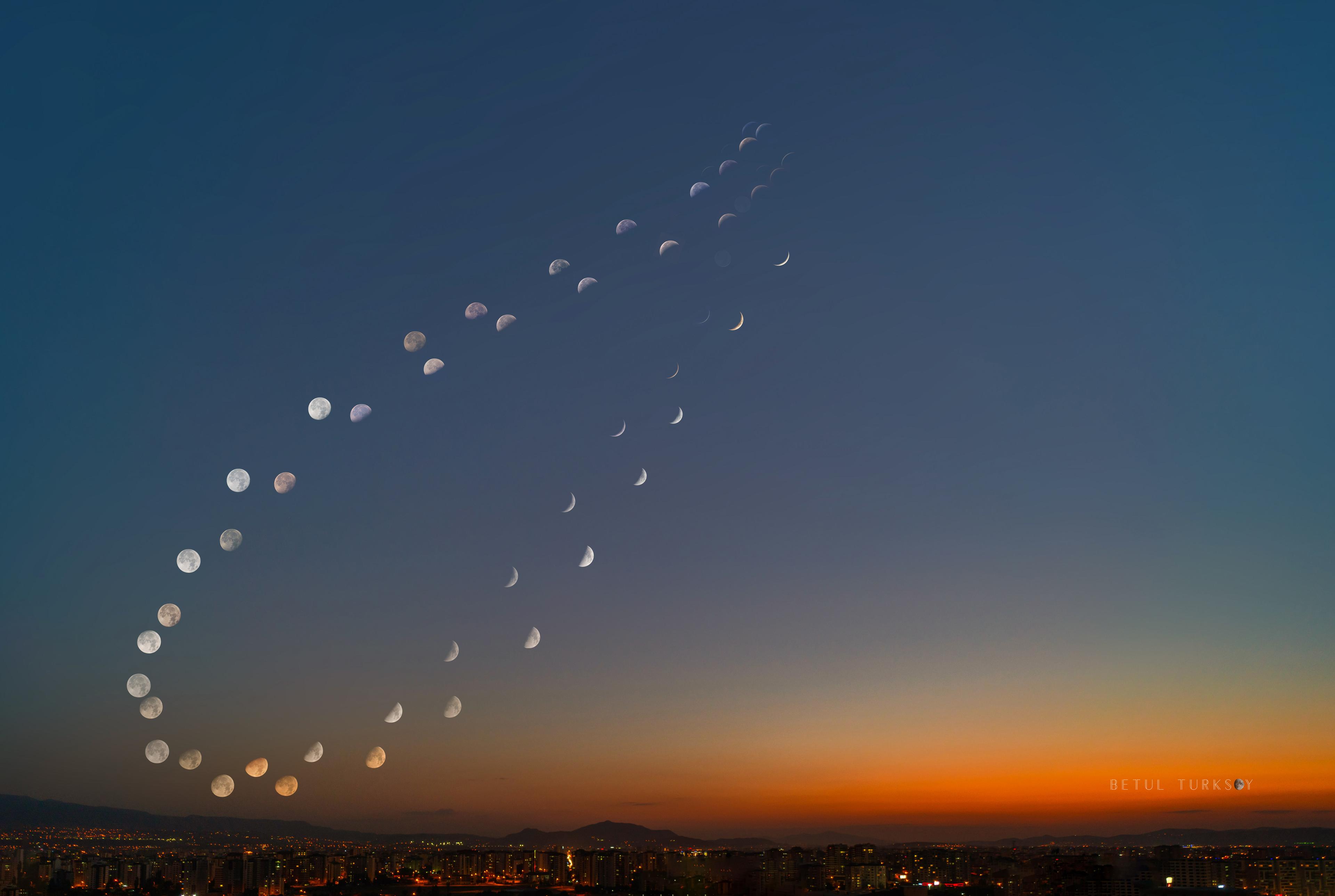 مشهد طبيعي عريض في تركيّا مع صور عديدة للقمر في أطوار مختلفة تتتبَّع شكل رقم 8 مزدوج في السماء