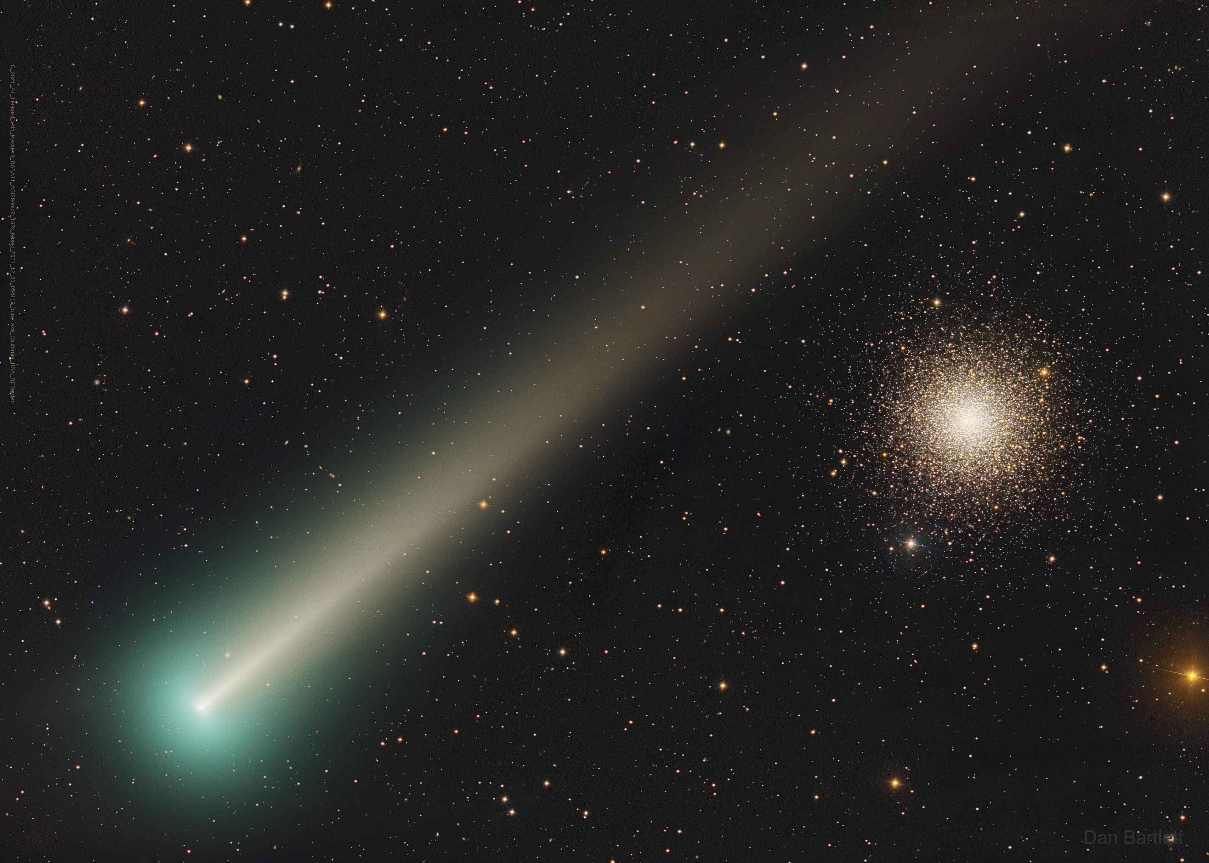 مذنّب ليونارد يسطع عبر قطر الصورة بذؤابته الخضراء أسفل اليسار وذيله الغباري وراءه، بينما يظهر خلفه أعلى اليمين العنقود النجمي م3 وتتزيّن السماء حوله بالنجوم.