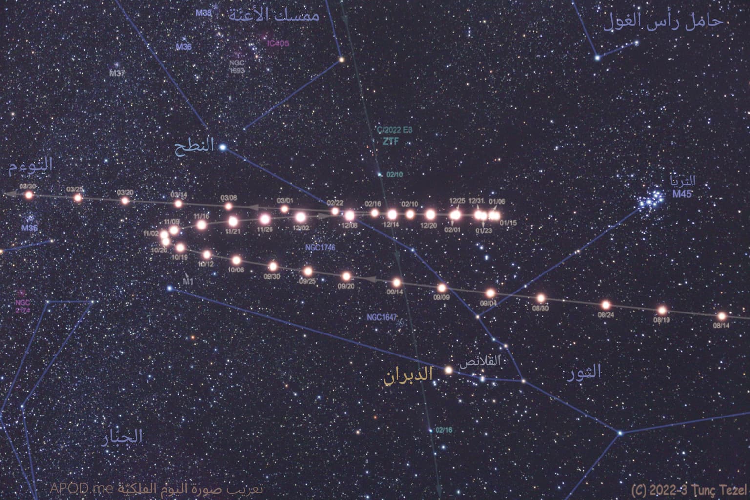 نسخة توضيحية عنون فيها كوكبات حامل رأس الغول وممسك الأعنّة والجبّار والتوءم والثور وعنقودا الثريّا والقلائص ونجما الدبران والنطح