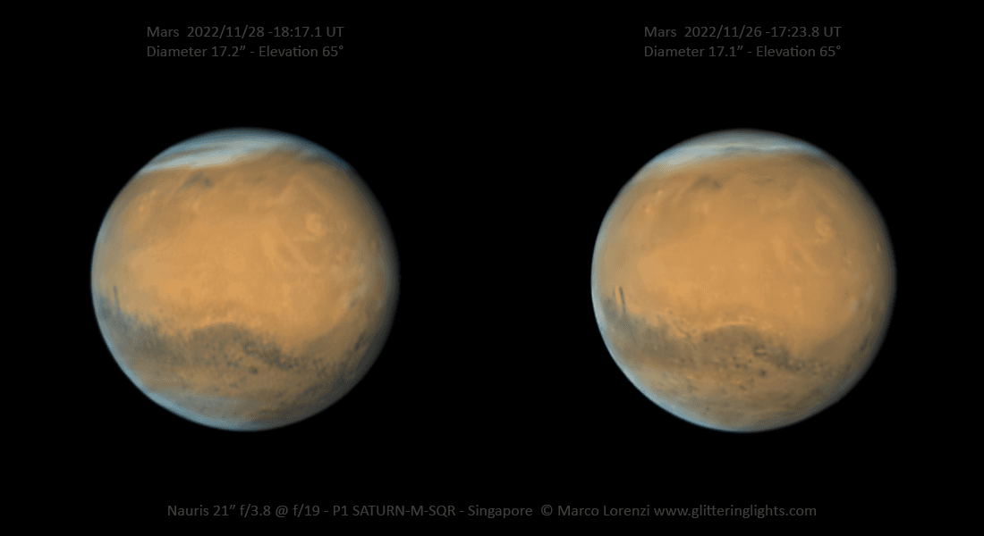 المرّيخ في صورتين متجاورتين تظهر معالم من سطحه ويمكن دمج الصورتين نظراً لمشاهدة صورة مجسّمة