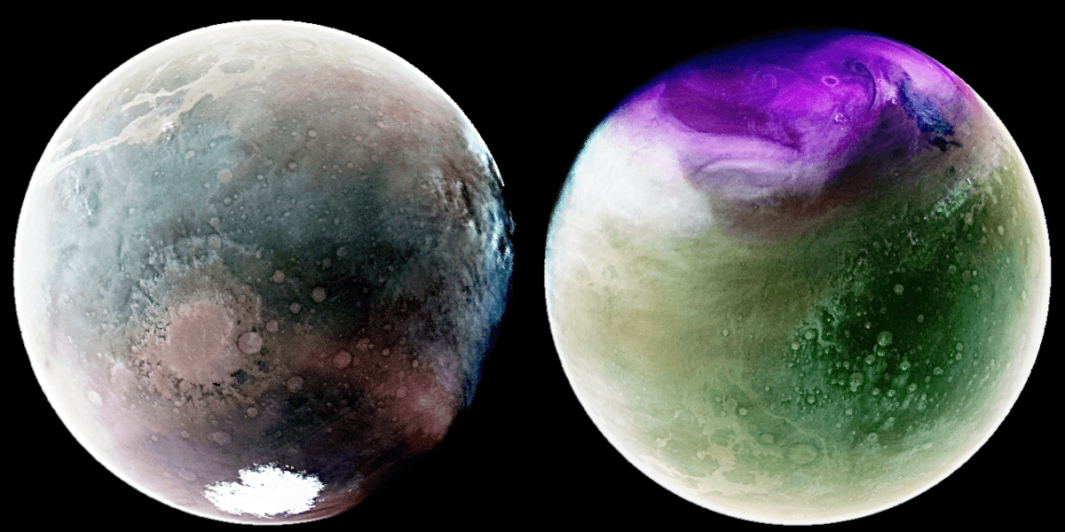 قرصان كرويّان يُظهران المرّيخ مصوّراً بأطوال أمواج فوق بنفسجيّة  يظهر معالم مختلفة
