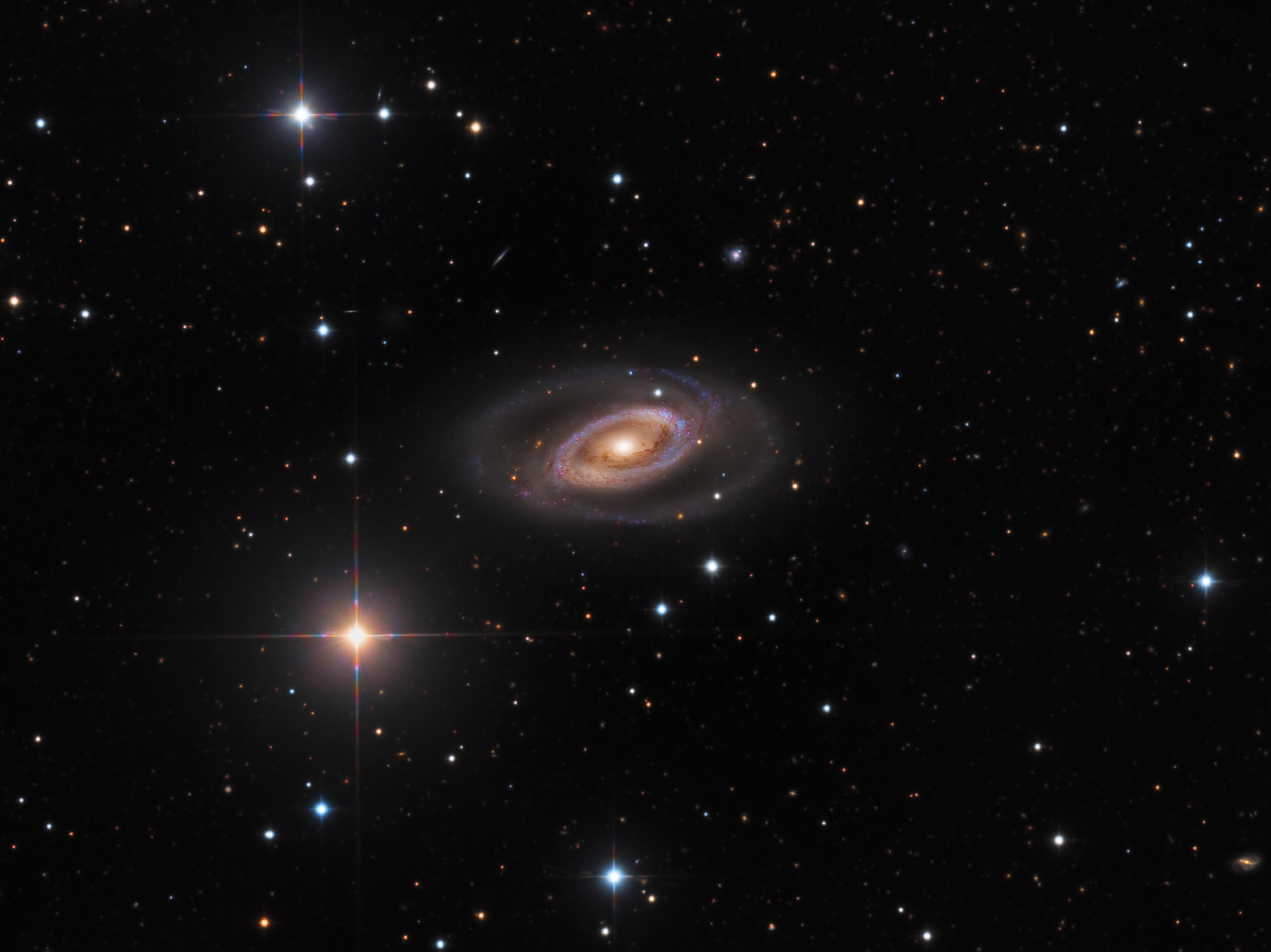 المجرة الحلزونية إن‌جي‌سي 1350 ذات الأذرع الملتفّة التي تسكنها عناقيد النجوم الزرقاء الفتيّة، والتي تشكّل دائرة تقريباً حول نواة المجرة الكبيرة والساطعة. تحيط بالمجرّة نجومٌ ساطعة مالئةً إطار الصورة.