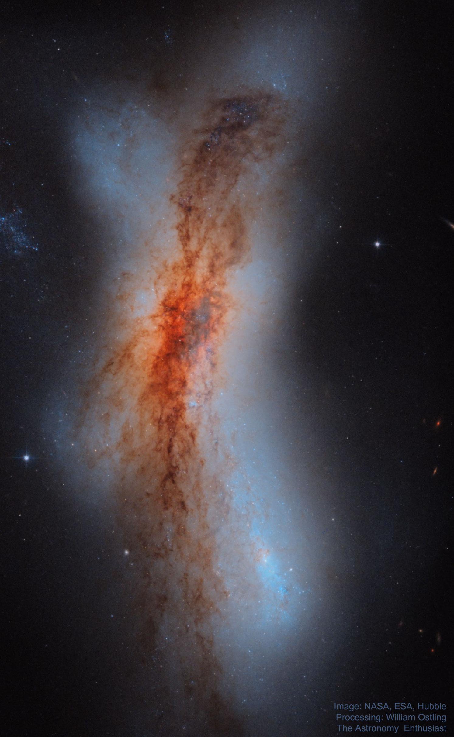 تُظهر الصورة المجرّتين المتصادمتين في إن‌جي‌سي 520 كما تم تصويرها باستخدام تلسكوب هَبل الفضائي التابع لناسا وإيسا. 