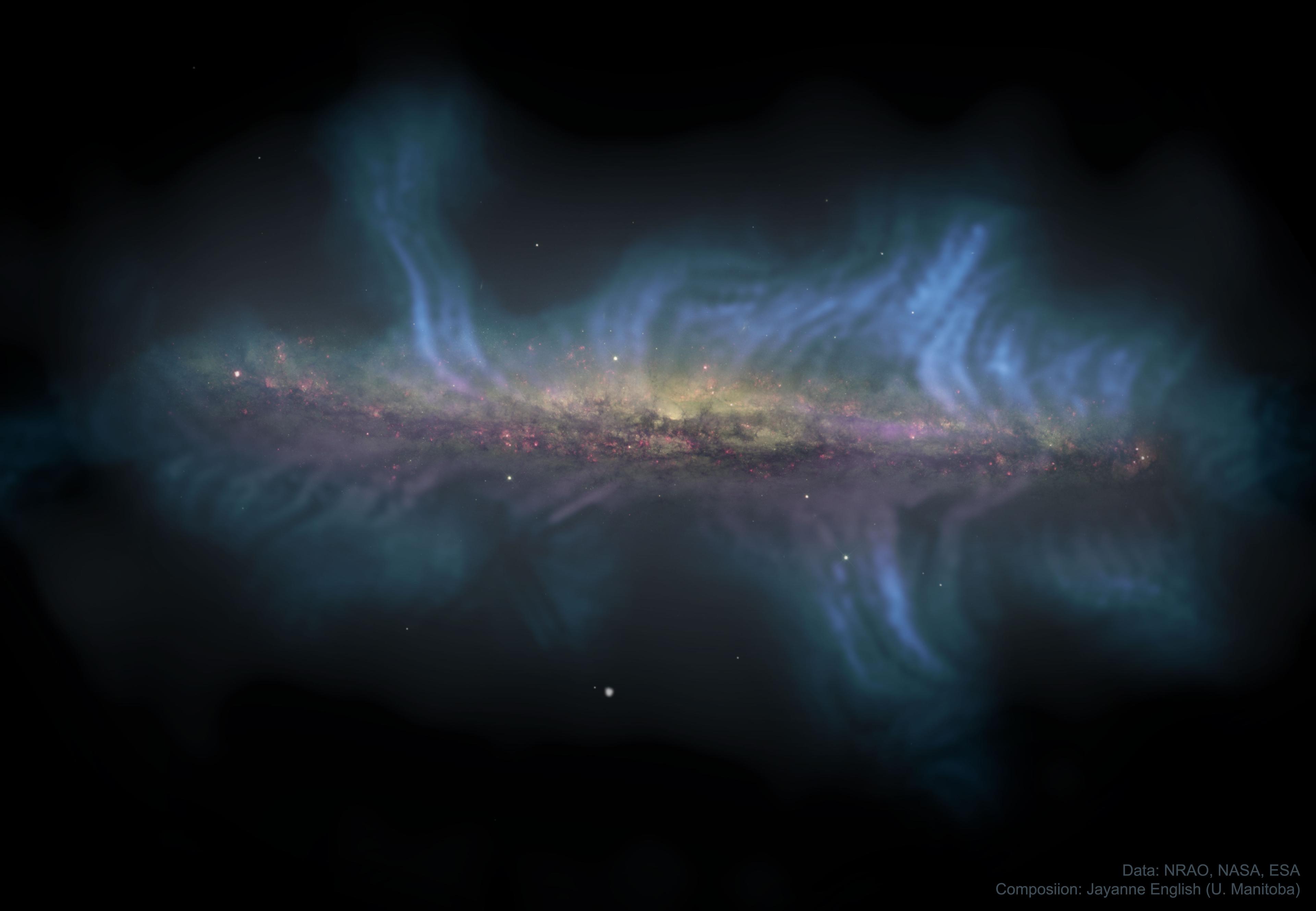 المجرة الحلزونية إن‌جي‌سي 5775 والتي تظهر لنا من جهة حافّتها، يحيط بها خيوط توضّح مسارات المجال المغناطيسي. تظهر في الصورة كذلك المناطق الغازيّة وردية اللون حيث تولد النجوم.