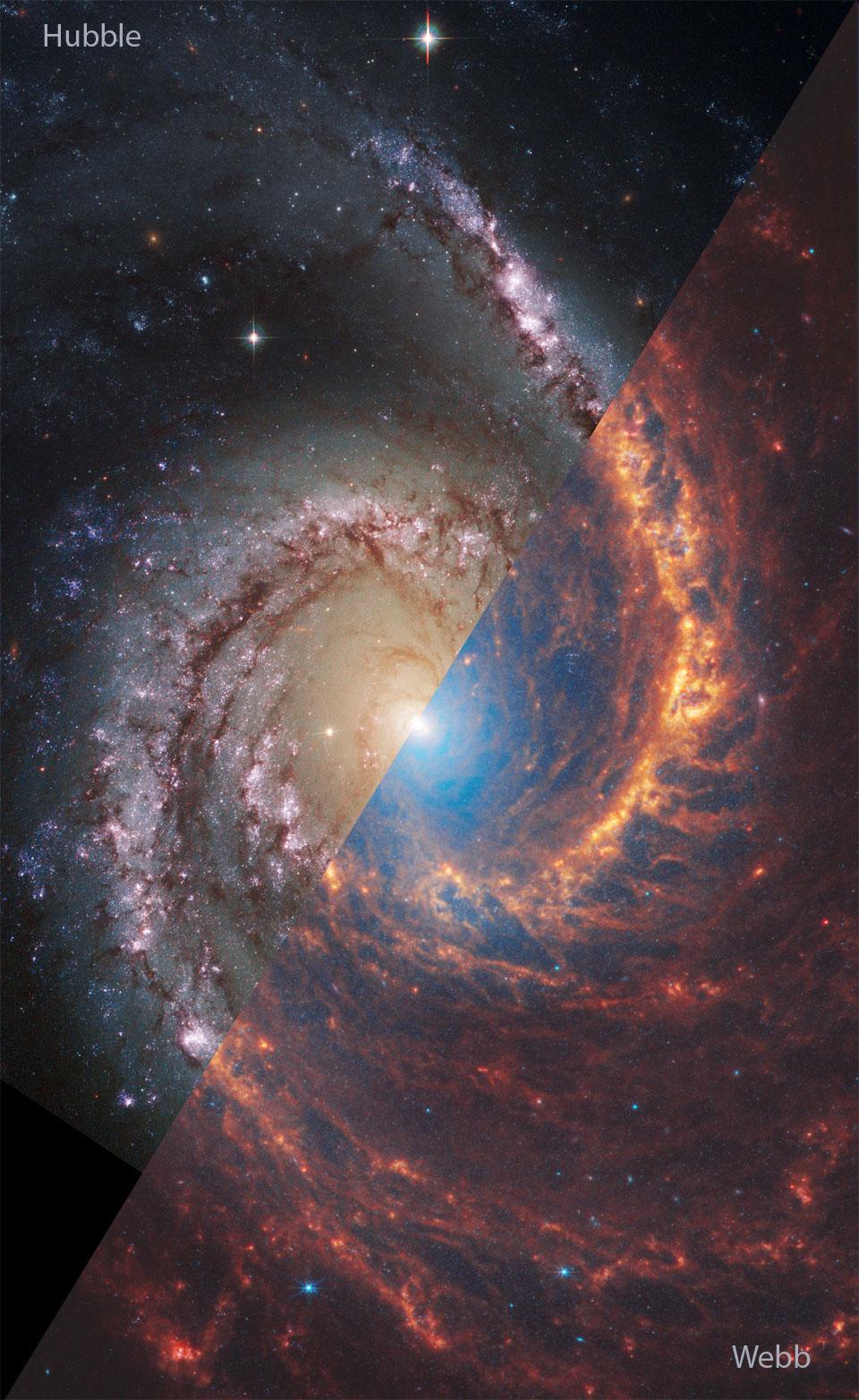 تظهر المجرّة الحلزونيّة إن‌جي‌سي 1566 باستخدام صورةٍ من هَبِل بصورةٍ أساسيّة في الضوء المرئيّ على أعلى اليسار، وصورة من وِبّ في الضوء تحت الأحمر بصورة أساسيّة عند أسفل اليمين.