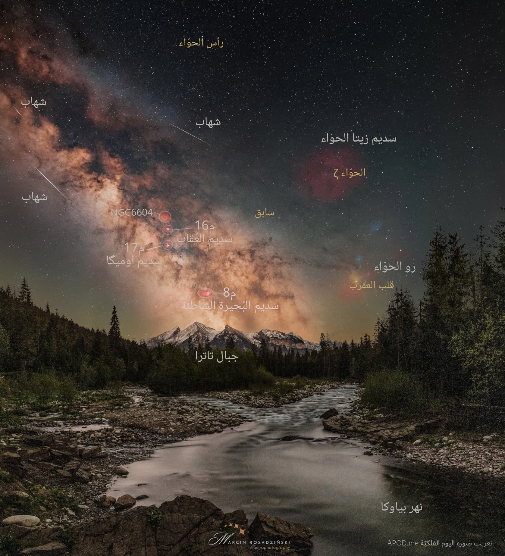 نسخة توضيحيّة عنونت فيها سدم البحيرة الشاطئة والعقاب وأوميگا وزيتا الحوّاء وإنجيسي 6604 وكذلك رو الحوّاء ونجوم رأس الحوّاء وقلب العقرب وسابق وزيتا الحوّاء، بالإضافة إلى ثلاثة شهب وجبال تاترا ونهر بياوكا