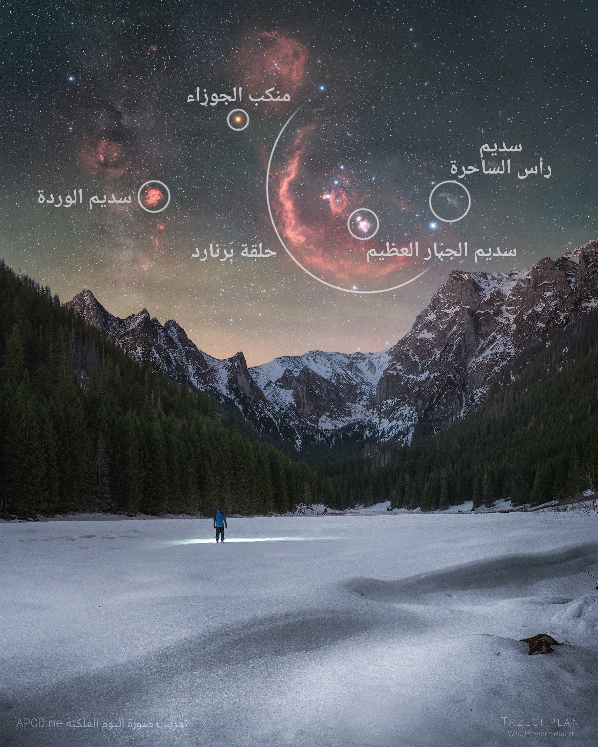 نسخة توضيحيّة عنونت فيها سدم الجبّار العظيم ورأس الساحرة والوردة بالإضافة إلى منكب الجوزاء وحلقة بَرنارد