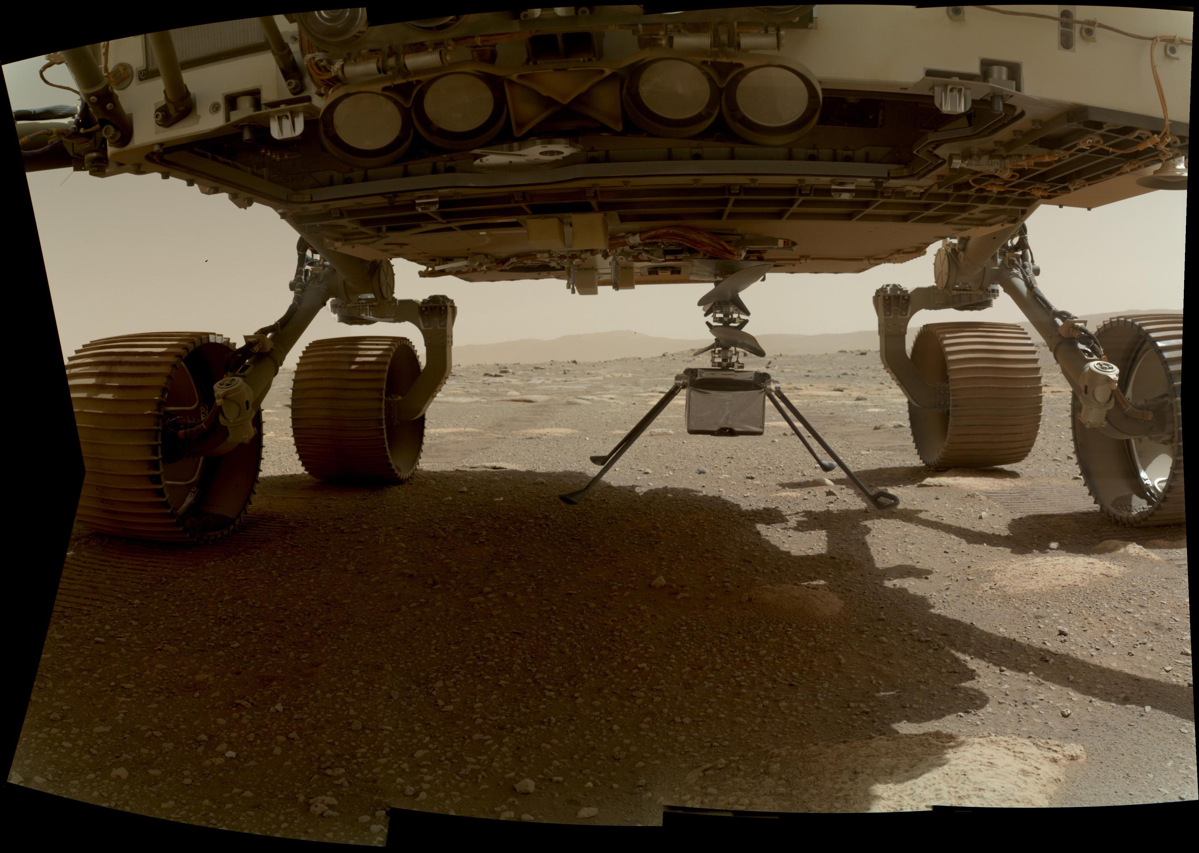 أسفل بطن عربة المُثابرة الجوّالة على سطح المرّيخ، حيث تتدلّى مروحيّة "البراعة" المرّيخيّة مرتفعةً عدّة سنتيمترات فوق السطح المرّيخي وأرجلها الأربعة كلّها مبسوطة إلى الأسفل، بينما تظهر آثار عجلات العربة تحتها وحافّة فوّهة جيزيرو في البعيد.