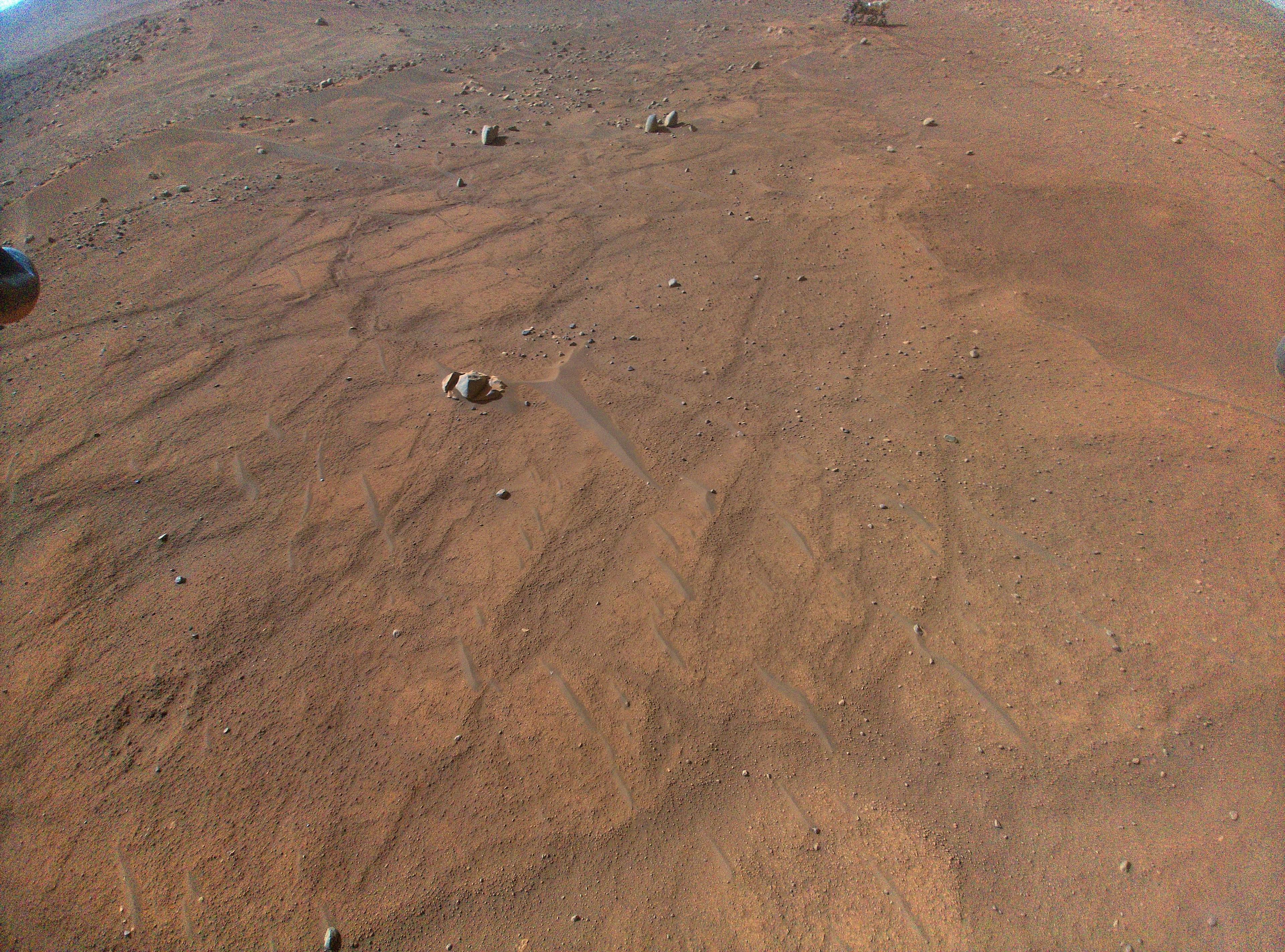 رقعة من سطح المرّيخ تظهر بلونٍ برتقاليٍّ صدئ بينما تتناثر بعض الصخور عليها وتظهر في البعيد عربة جوالة وتطل بعض أقدام المروحيّة من الجوانب