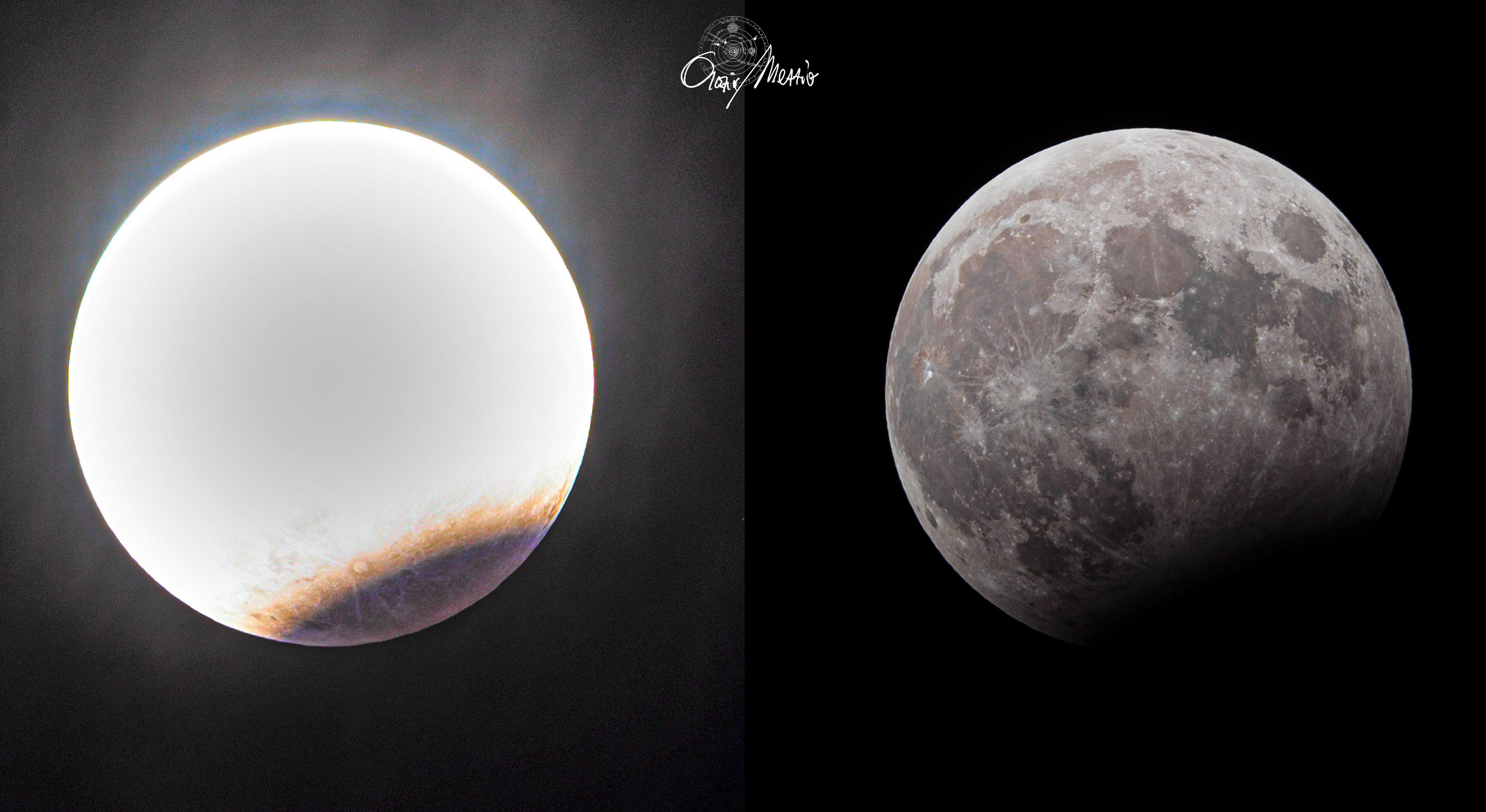 تظهر صورتان لخسوفٍ جزئي. الصورة على اليسار بتعريضٍ زائدٍ في كلّ مكان ما عدا أسفل اليمين حيث يكون الجزء المخسوف من القمر مرئيّاً. على الصورة اليُمنى، مُعظم الصورة  بتعريضٍ عاديّ لكنّ الجزء في أسفل اليمين مُظلِم.