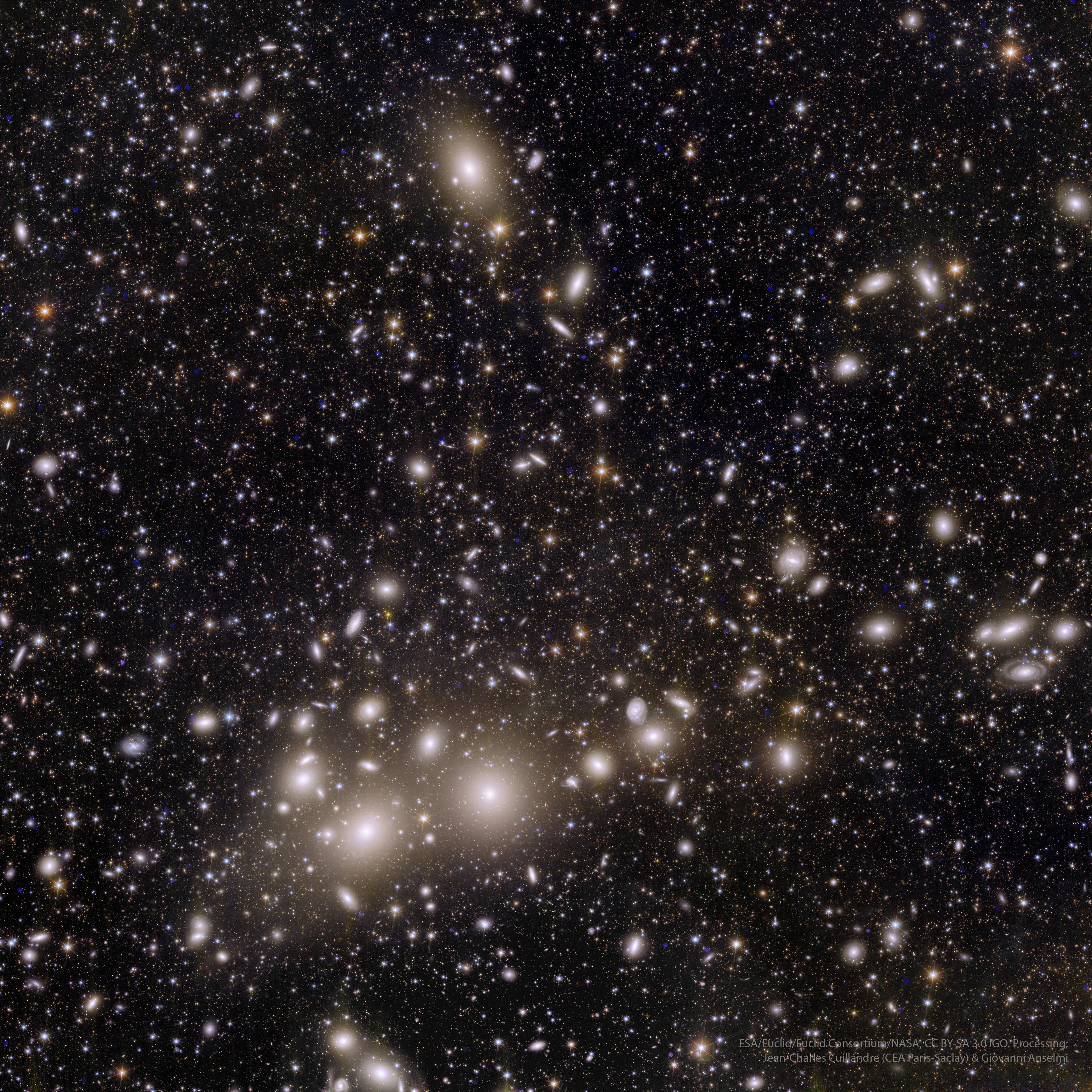 صورة فضاءٍ عميقة تُظهِر العديد من المجرّات، بعضها يُرى في ضلعٍ مركزيٍّ يجري أُفُقيّاً تقريباً عبر مركز الصورة.