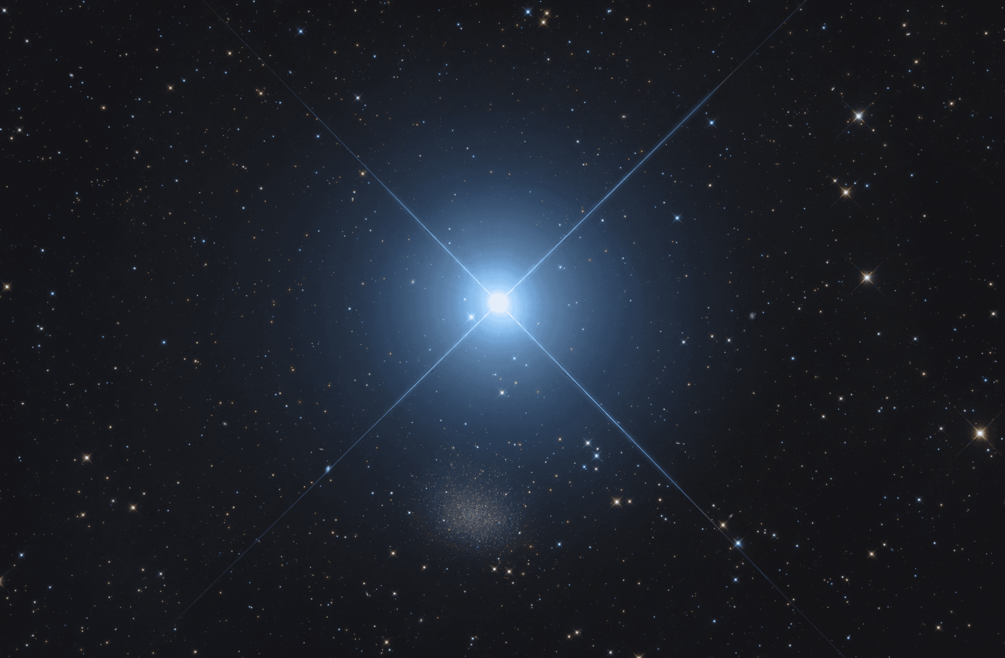 نجم ساطعٌ متوهّج مزرق بأشواك حيود أربعة متقاطعة وأسفله لطخة زغباء مع تناثر نجوم متفاوتة عبر الصورة