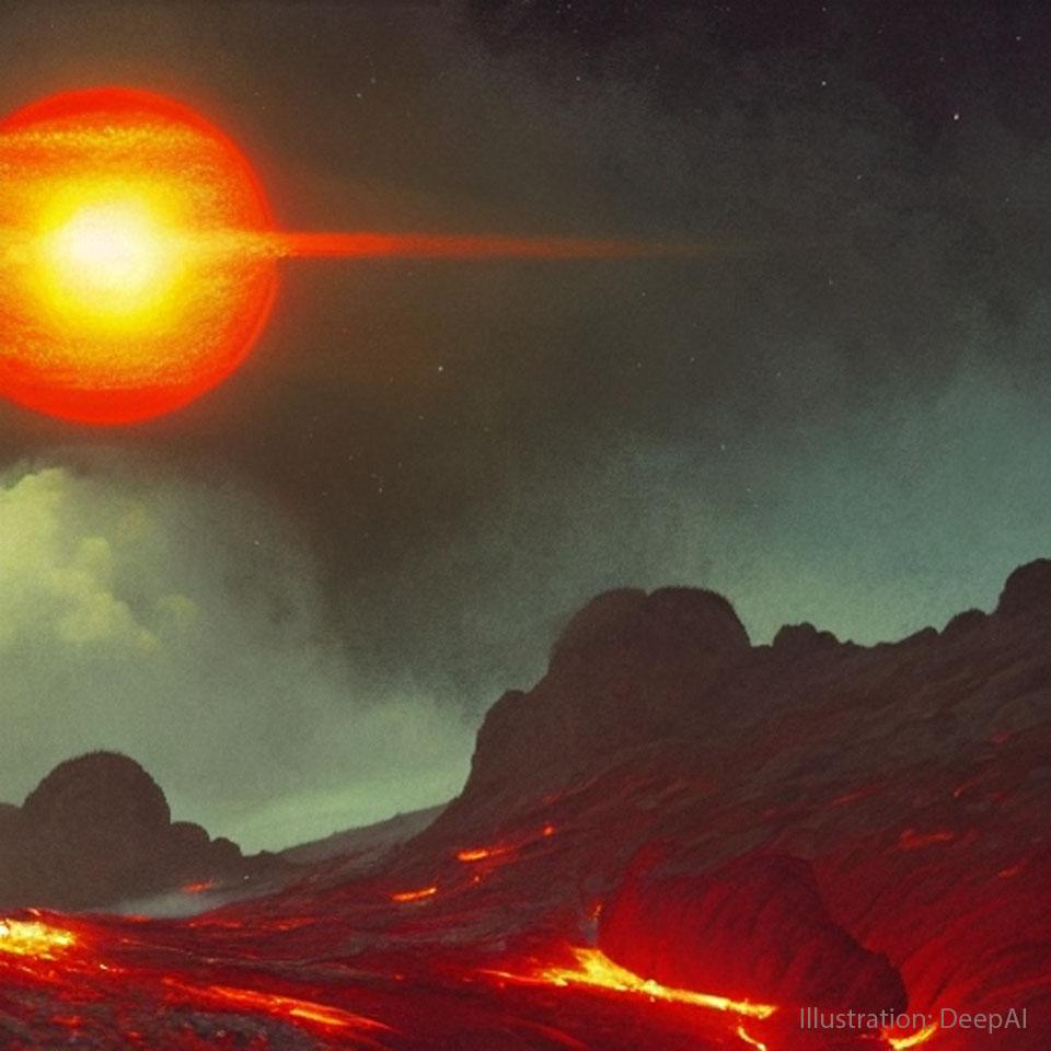 رسمٌ يُظهِرُ سطح كوكبٍ فيه حممٌ حمراء تتدفَّق ومنحدراتٌ مُظلمة، ويُرى نجمٌ أحمر في الخلفيّة.