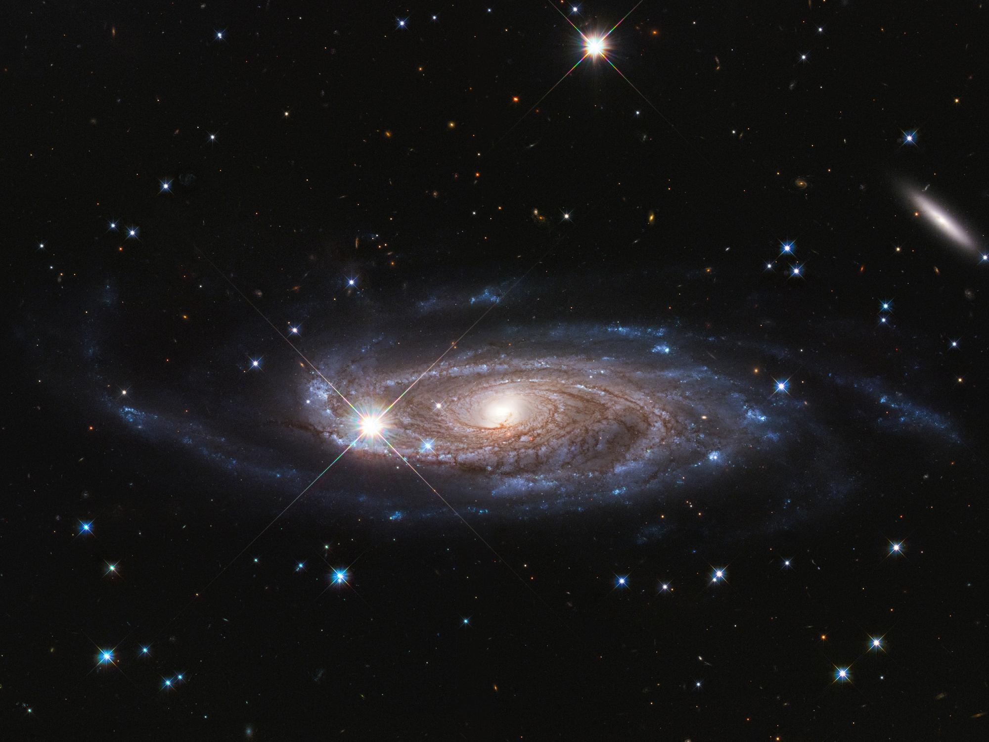 مجرّة حلزونيّة مهيبة ذات مركز ساطع ودوّامة من الغبار الكوني وأذرع زرقاء. يظهر عدد من النجوم الساطعة المدبّبة في مقدّمة الصورة