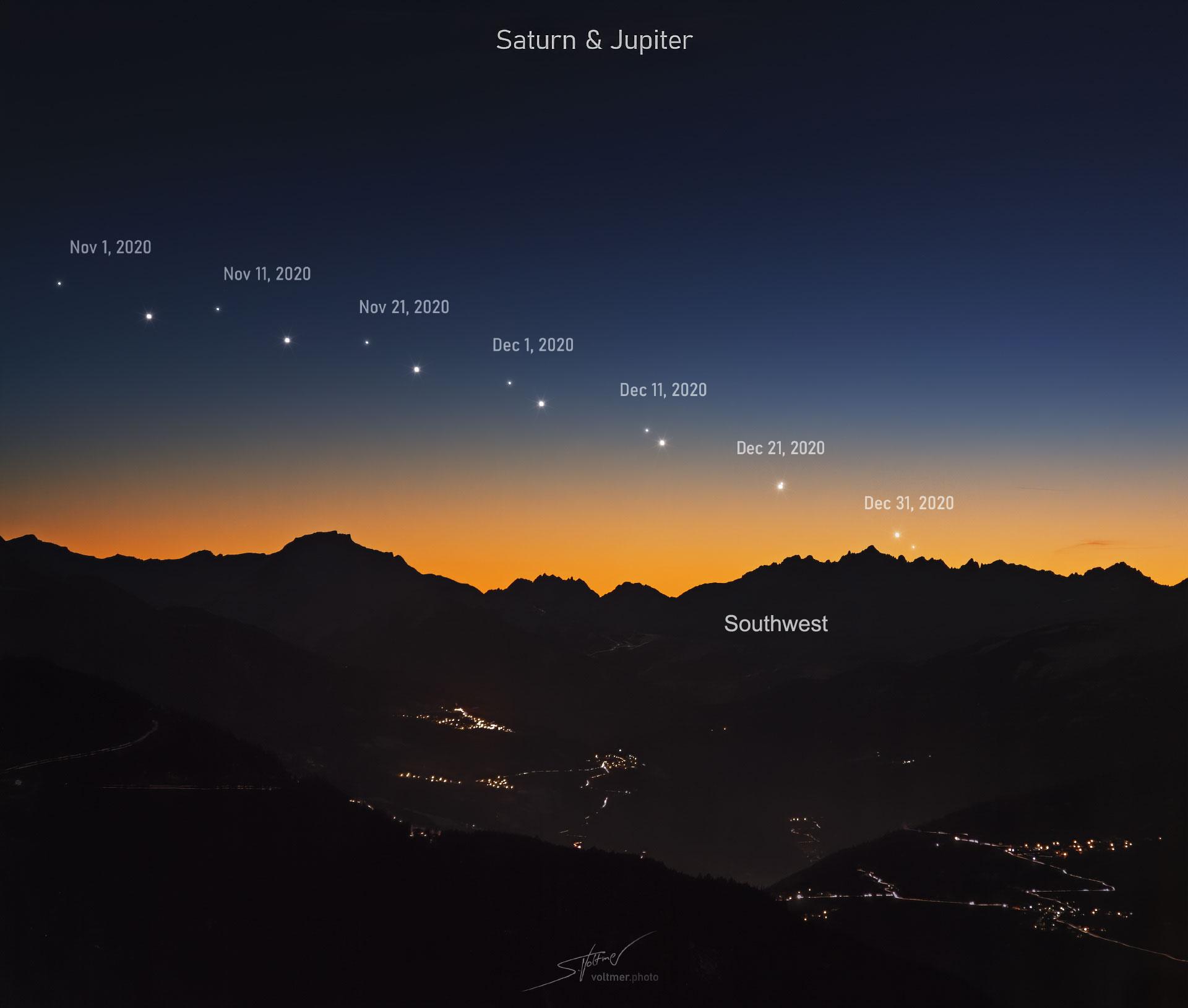 صورة توضيحية تظهر تقارب زحل والمشتري خلال شهري تشرين الثاني (نوفمبر) وكانون الأول (ديسمبر) فوق جبال الألب الفرنسية.