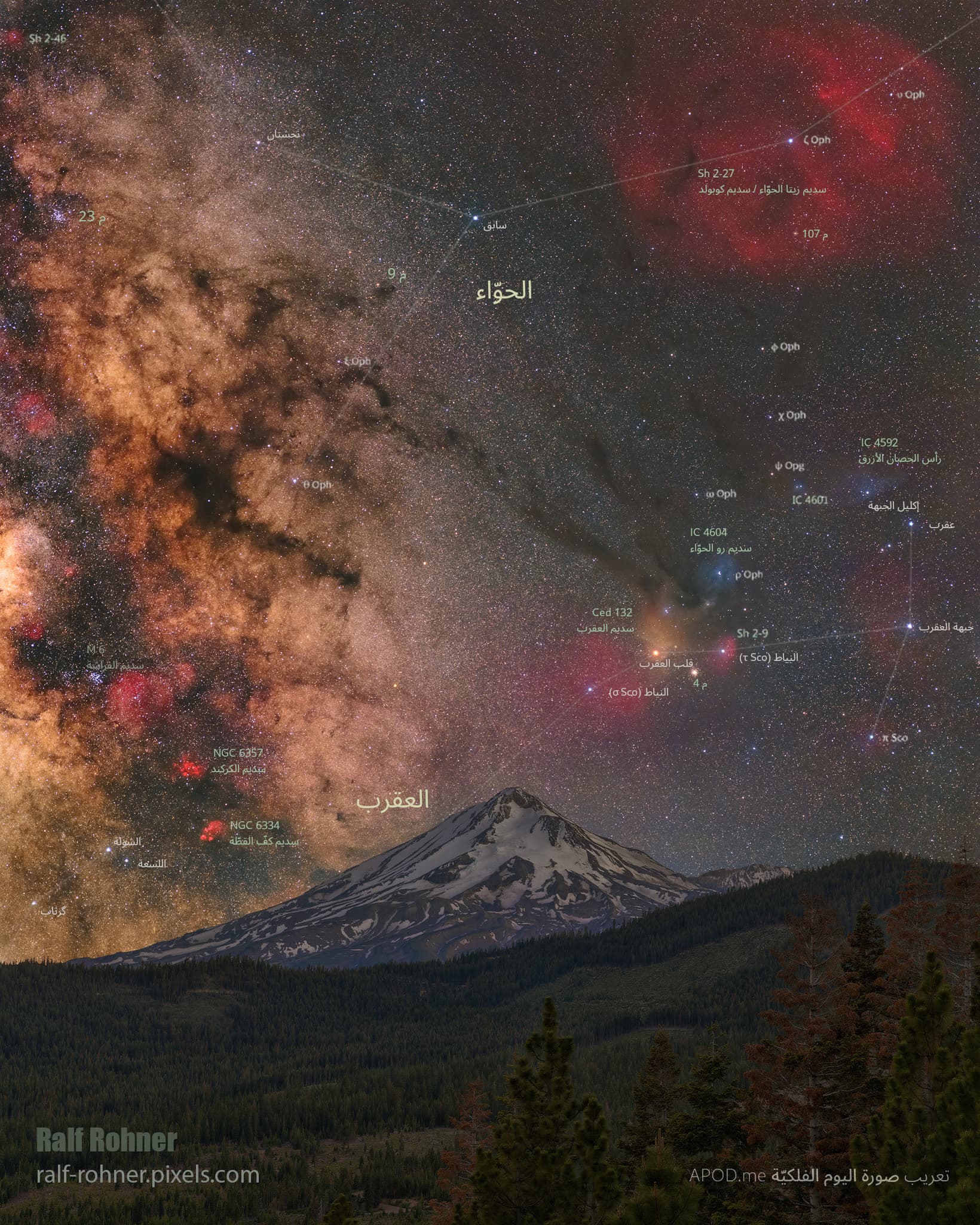 نسخة توضيحيّة عنونت عليها العديد من السدم والنجوم من كوكبتي العقرب والحوّاء