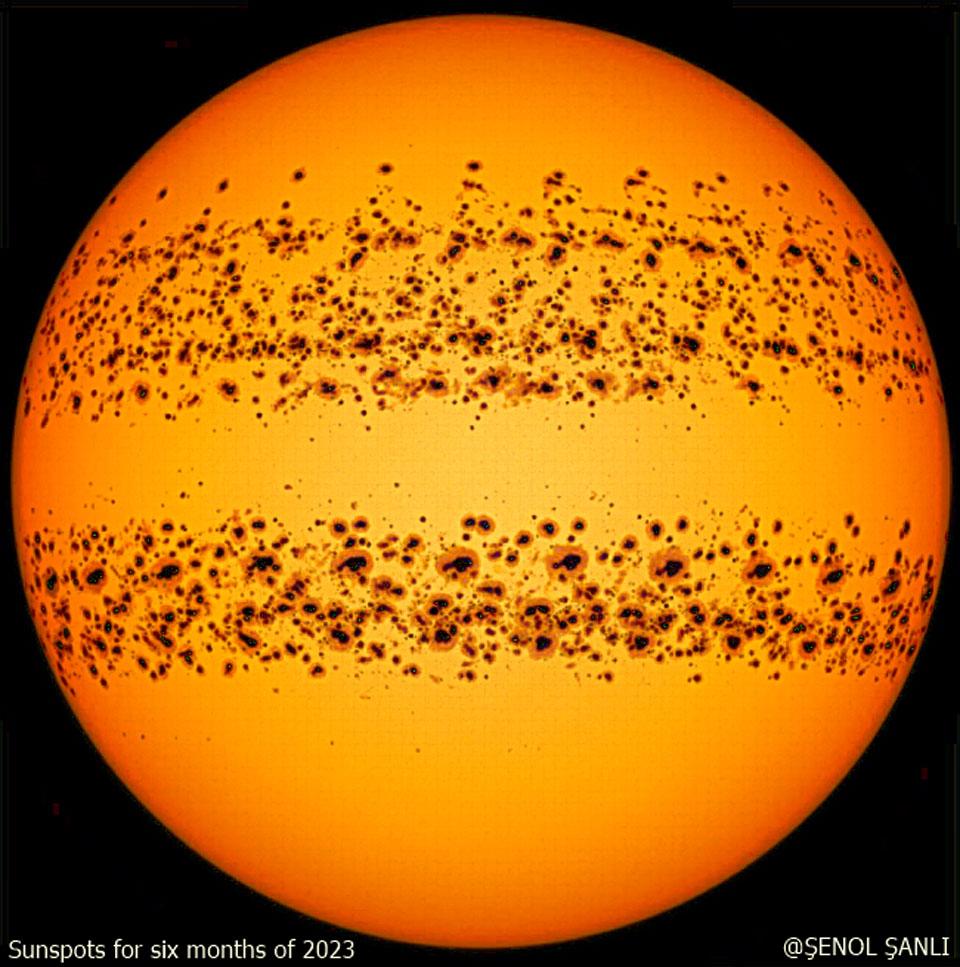 شمسنا مُصوَّرة مع مئات البقع الشمسيّة الداكنة. الصورة هي في الواقع تجميعٌ لكل البقع الشمسيّة المرئيّة خلال النصف الأوّل من هذا العام