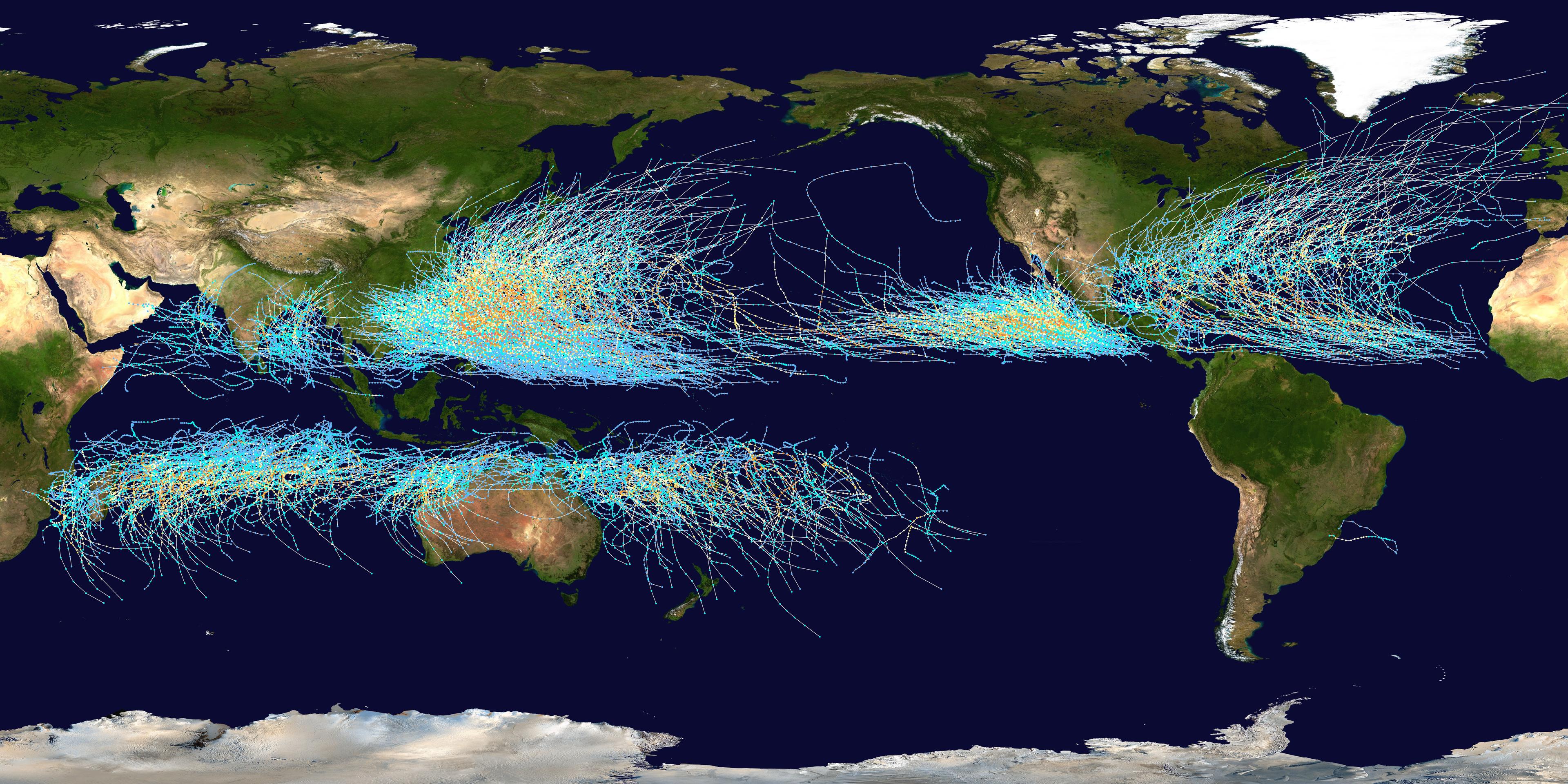تُظهر الصورة مسارات العواصف الاستوائية التي حدثت على سطح الكرة الأرضية بين عامي 1985 وَ 2005.