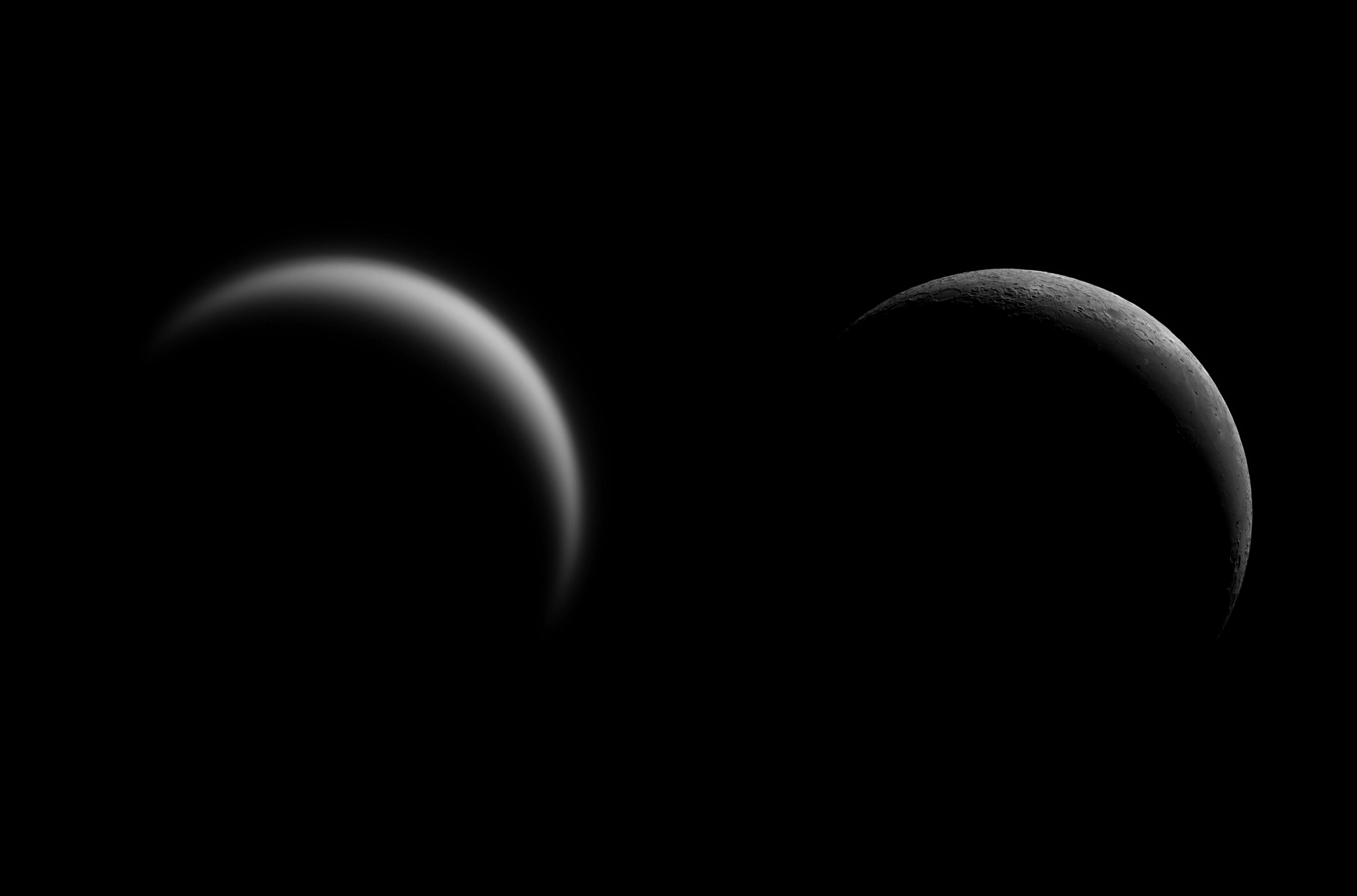 هلالان يظهران بنفس الحجم الأيمن للقمر بتفاصيل واضحة نسبيّاً أما الأيسر للزهرة ويبدو ضبابيّاً