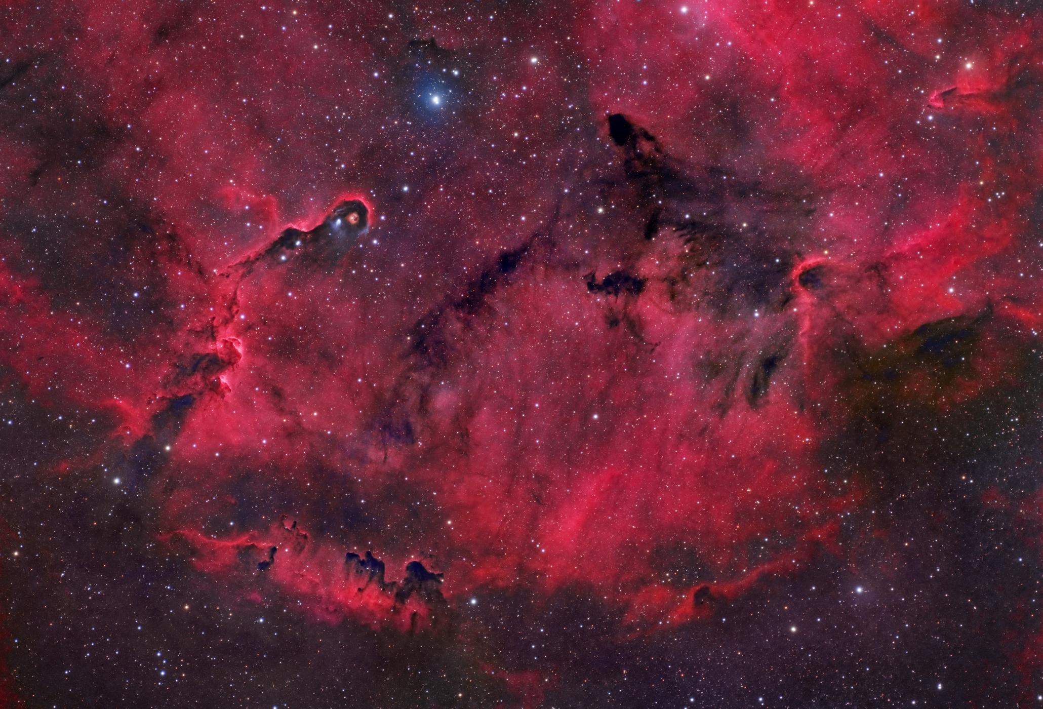 سديم يظهر بلون محمرّ مع وجود مناطق داكنة ونجوم عبر الصورة