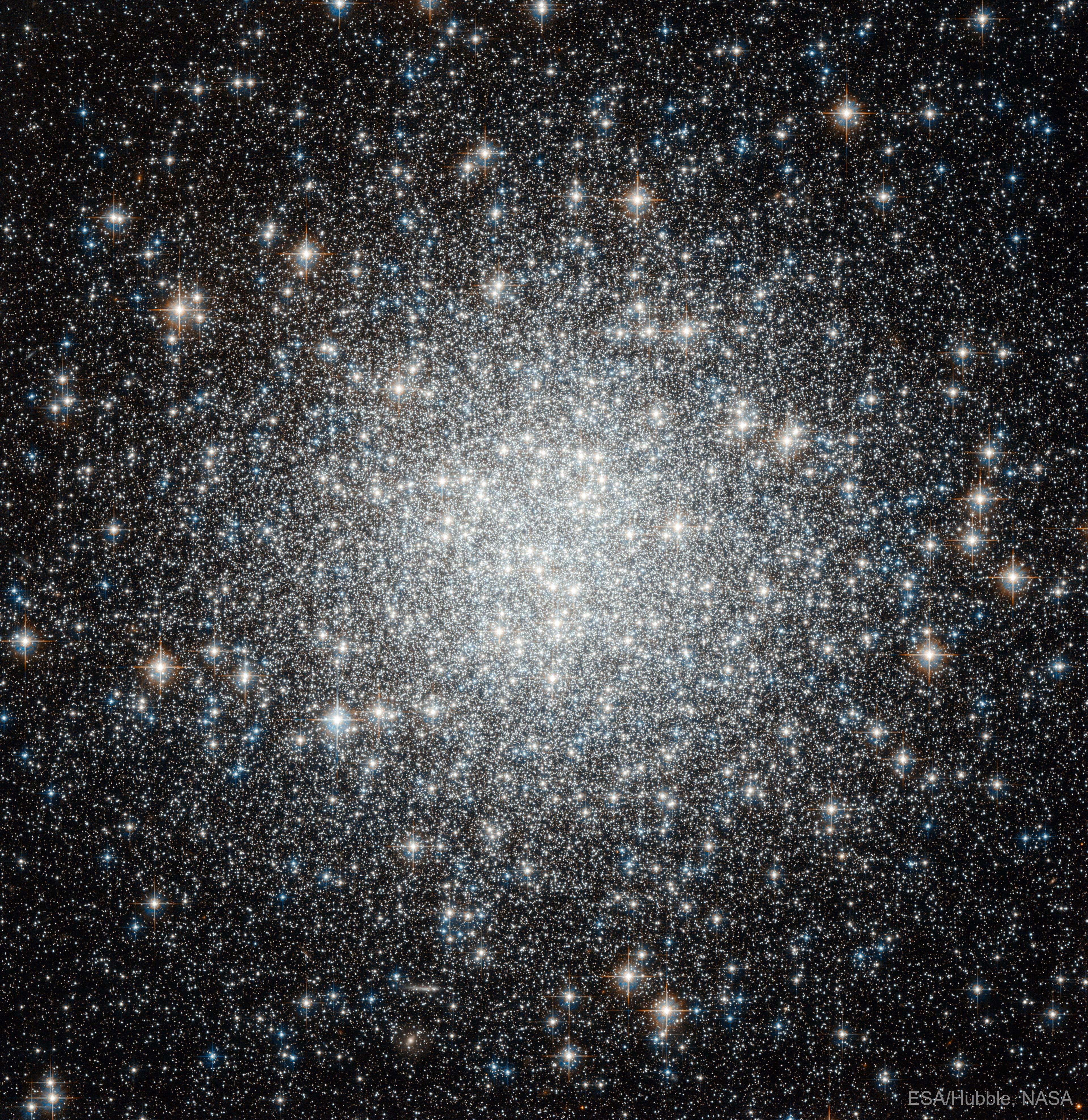 نجوم العنقود المغلق م53 البرّاقة بألوانها البيضاء والزرقاء، والتي تظهر بتركيز كبير في المنتصف يخف تدريجيّاً باتجاه الخارج حيث تتناثر النجوم متباعدة.