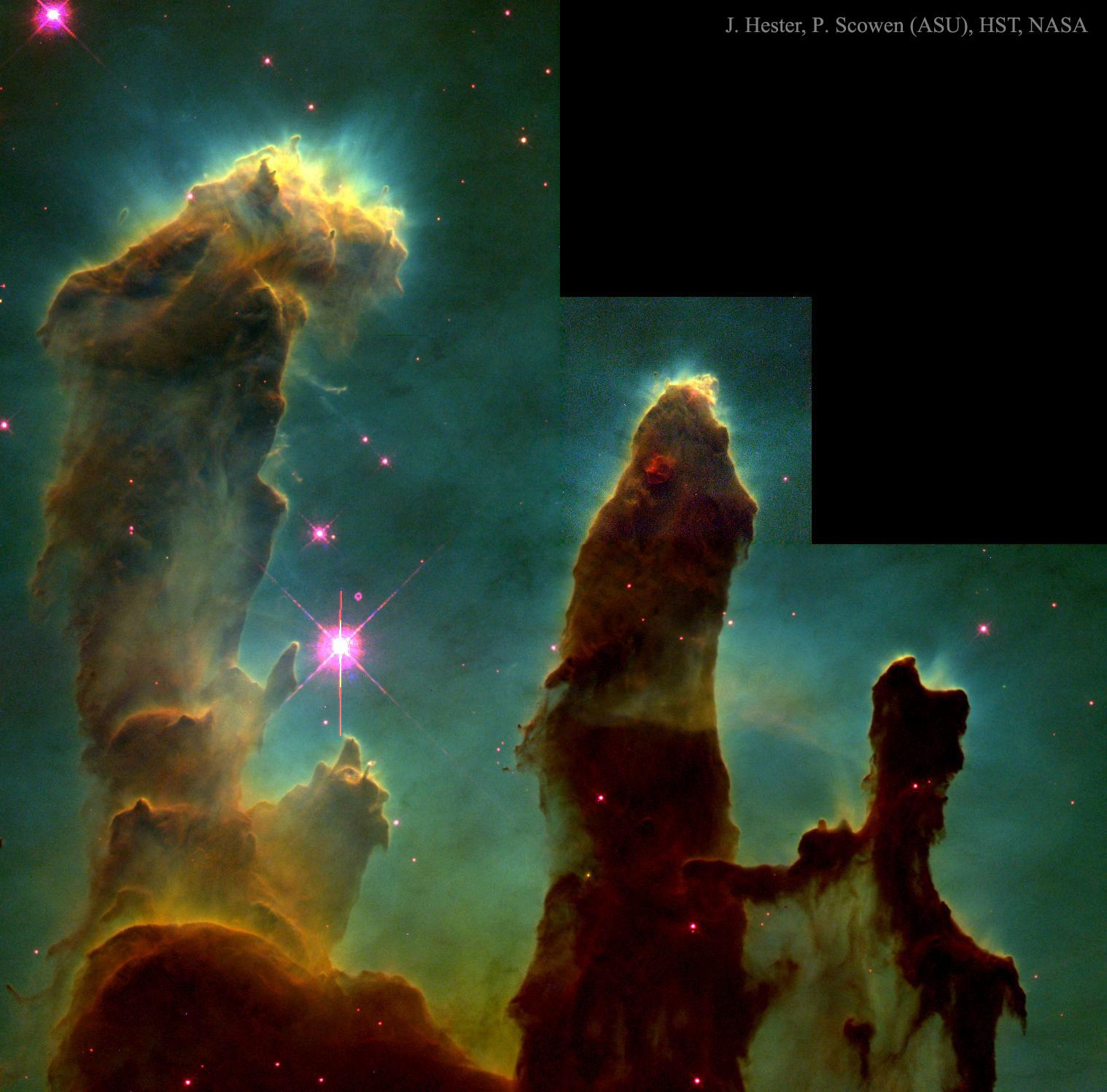 صورة أعمدة الخلق النجمي في سديم النسر. تظهر الصورة كريات غازية متبخرة تنبثق من أعمدة غاز الهيدروجين الجزيئي والغبار.