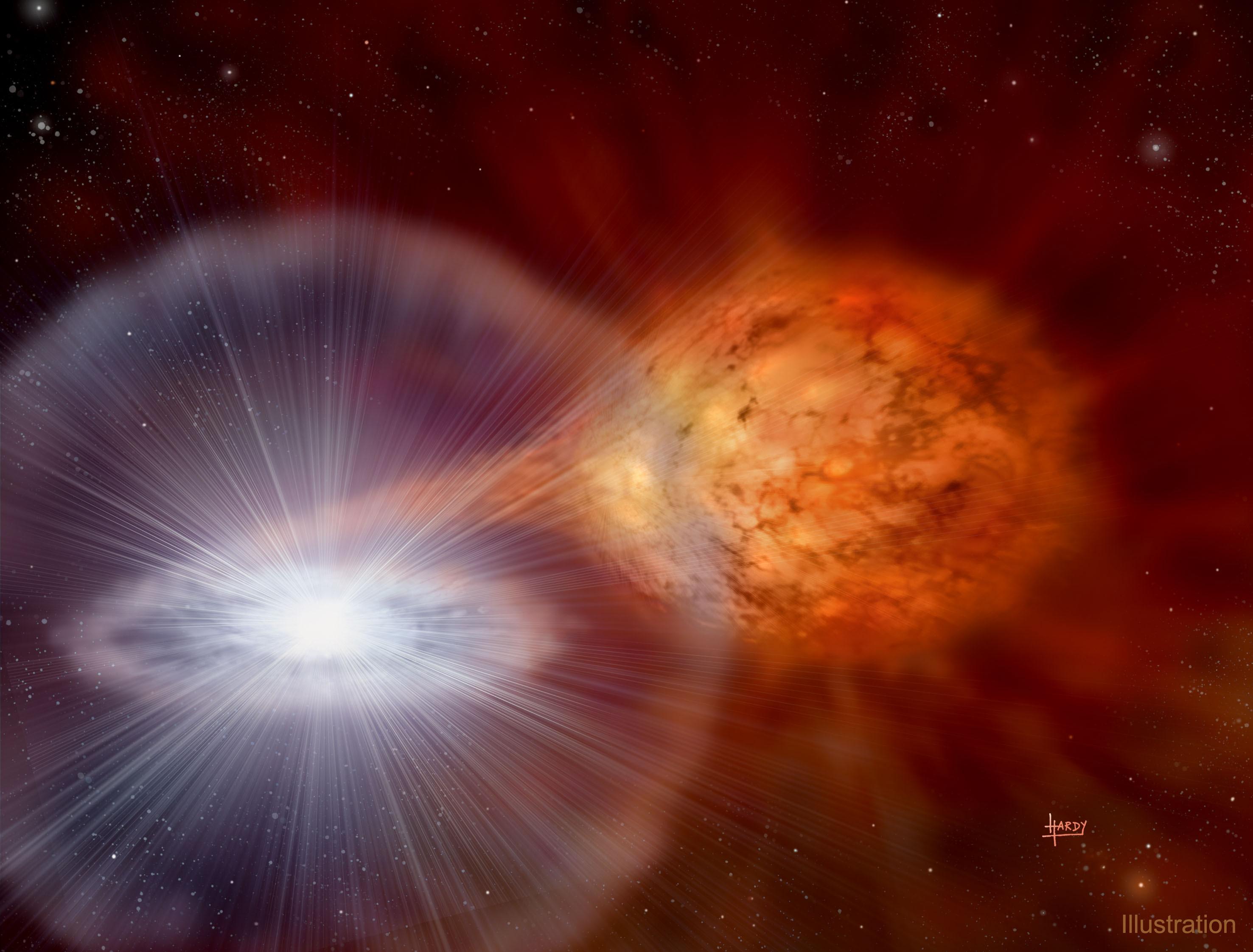 رسم توضيحي لنظام النجوم الثنائي RS الحوّاء أثناء انفجار مسبّب لتشكّل مستعر.